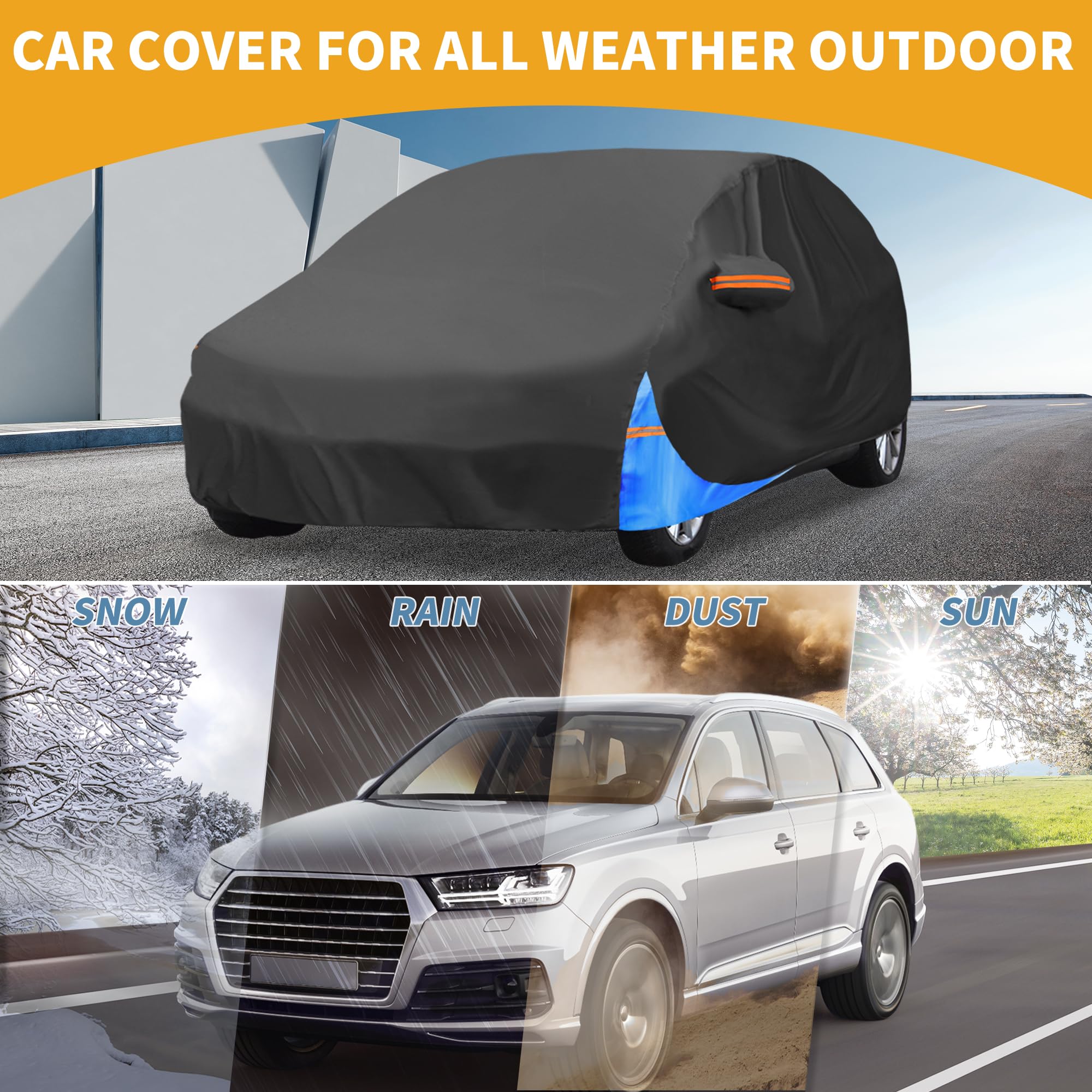 Partuto Waterproof All-Weather Universal Car Cover with Right Side Zipper 190T Polyeste Black Blue Fits for Hatchback 163 — view 2