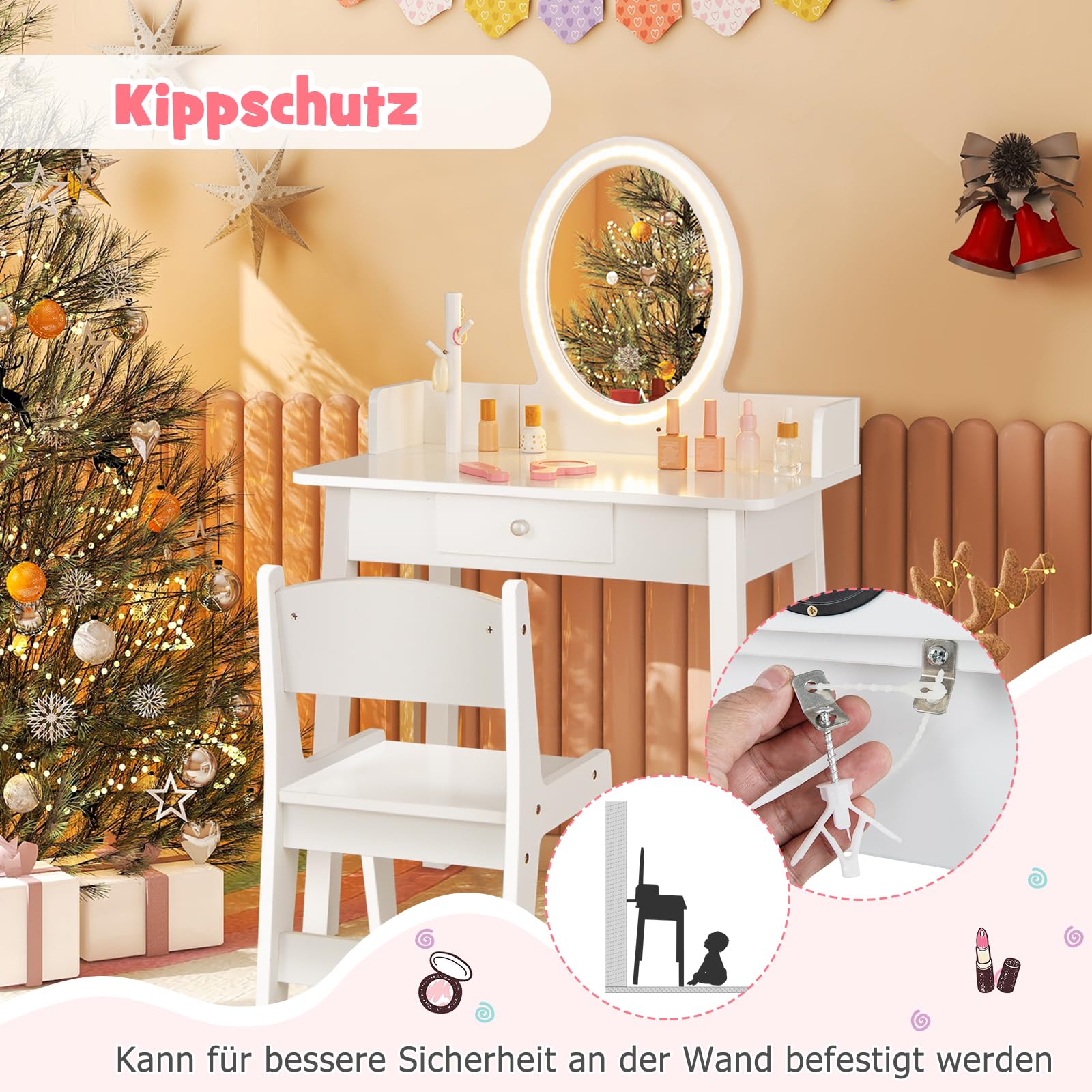 DREAMADE Schminktisch Kinder mit LED-Spiegel & Kiefernholzbeine, Prinzessin Frisiertisch mit Schublade & Schmuckständer, Kinderschminktisch mit Hocker für Kinder Mädchen (Weiß)