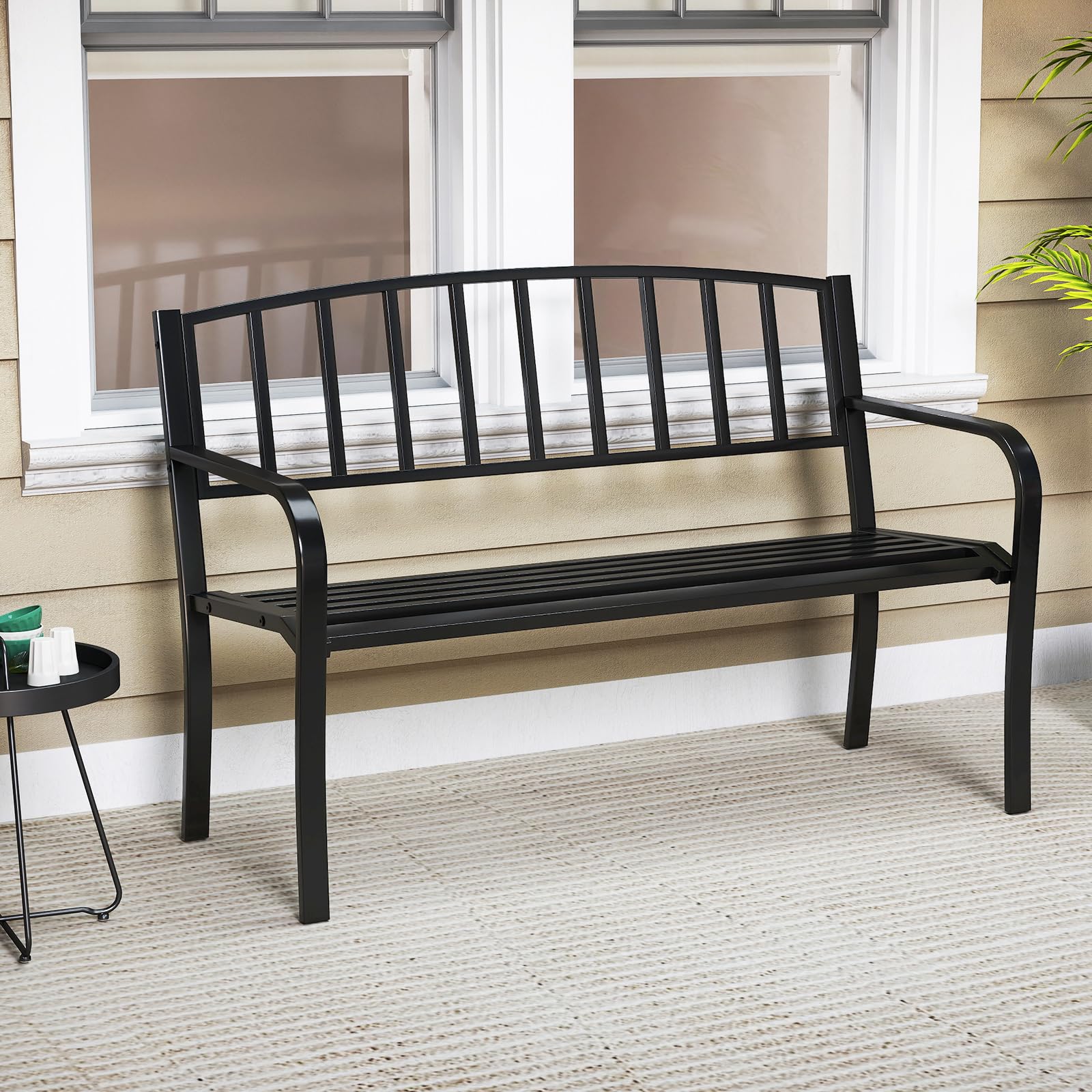 COSTWAY Banco Jardin para 2-3 Plazas, Banco Exterior de Metal, Respaldo de Listones y Reposabrazos Curvos, Terraza Patio Balcon, Carga 300kg, 127 × 59 × 85,5 cm, Negro