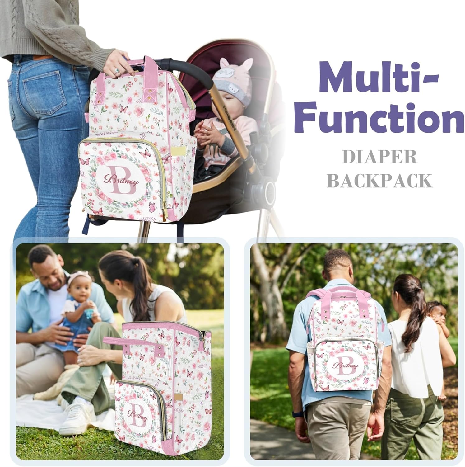 Large Capacity Custom Diaper Bag for Baby Girls with Name, Pink Floral Multifunctional Mom Personalized Diaper Bag Backpack Waterproof Women Customized Daypack Nappy Bag