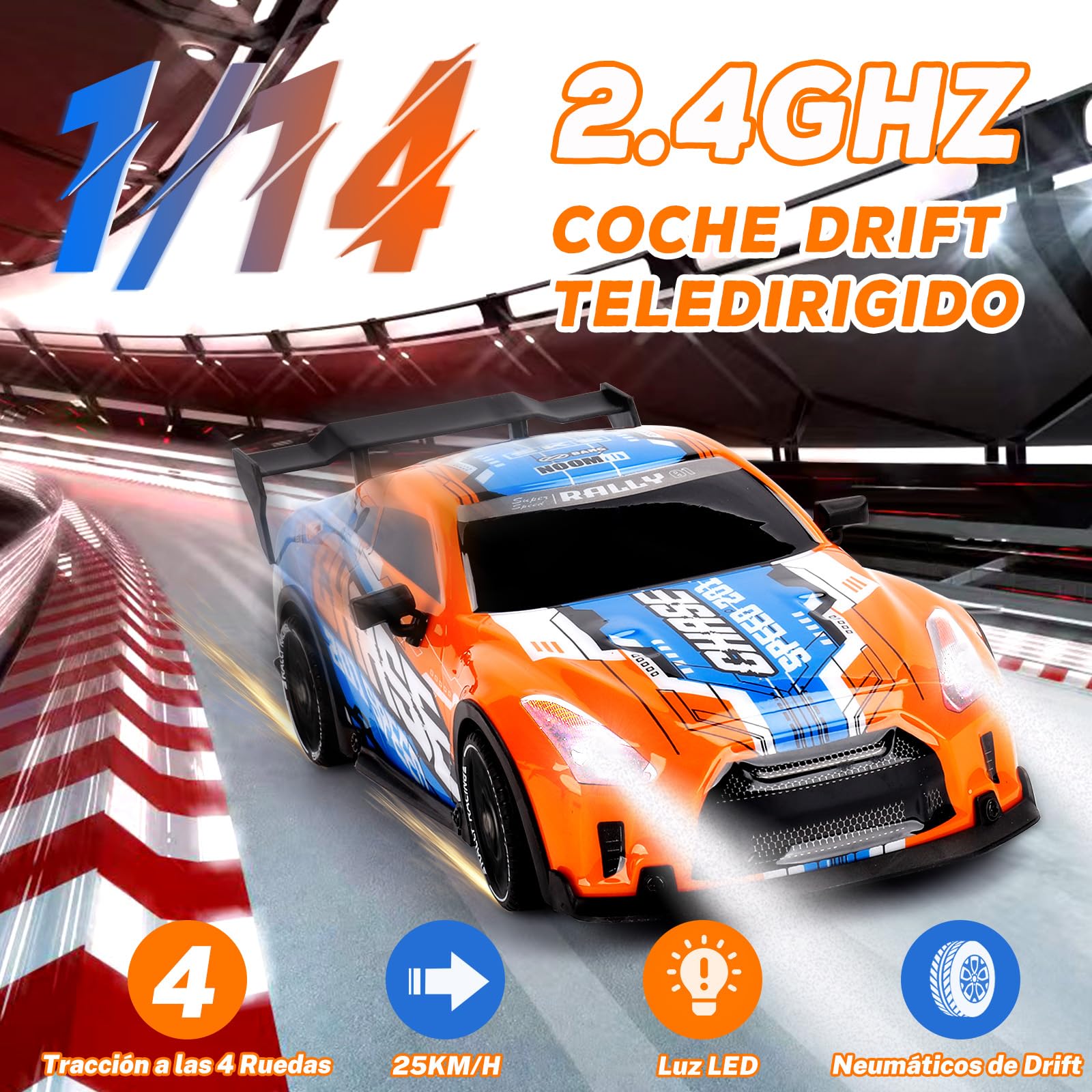 JONRRYIN Coche RC Drift, 1:14 Coche Teledirigido Drift, 25km/h 4WD Coche de Carreras Teledirigido con Kit Barricada, Luces LED, Radiocontrol Car de Juguete para Adultos y Niños Mayores de 8 Años