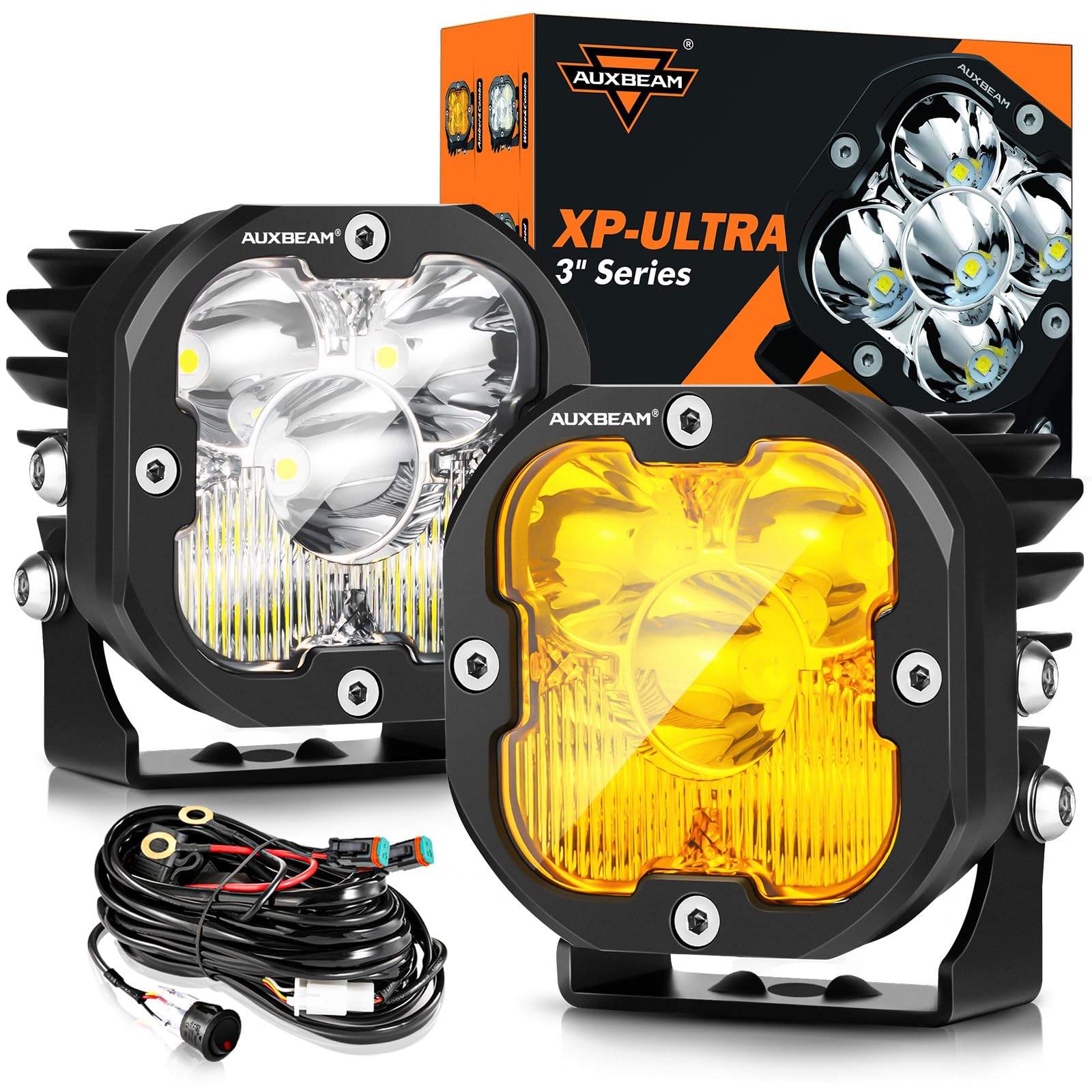 3 Inch Led Pods Amber Fog White Off Road Driving Light XP-Ultra Series Spot Flood Combo Offroad LED Bar Cube Lights 80W Auxiliary Ditch Lights with White/Amber Light Covers, Pair