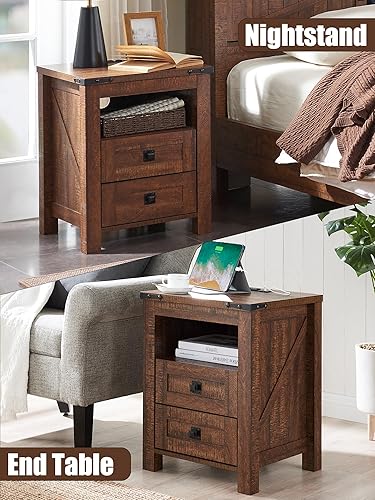 Miniatura 6 de T4TREAM Juego de 2 mesitas de noche de granja con estación de carga, mesa auxiliar rústica con 2 cajones, estante abierto de almacenamiento para