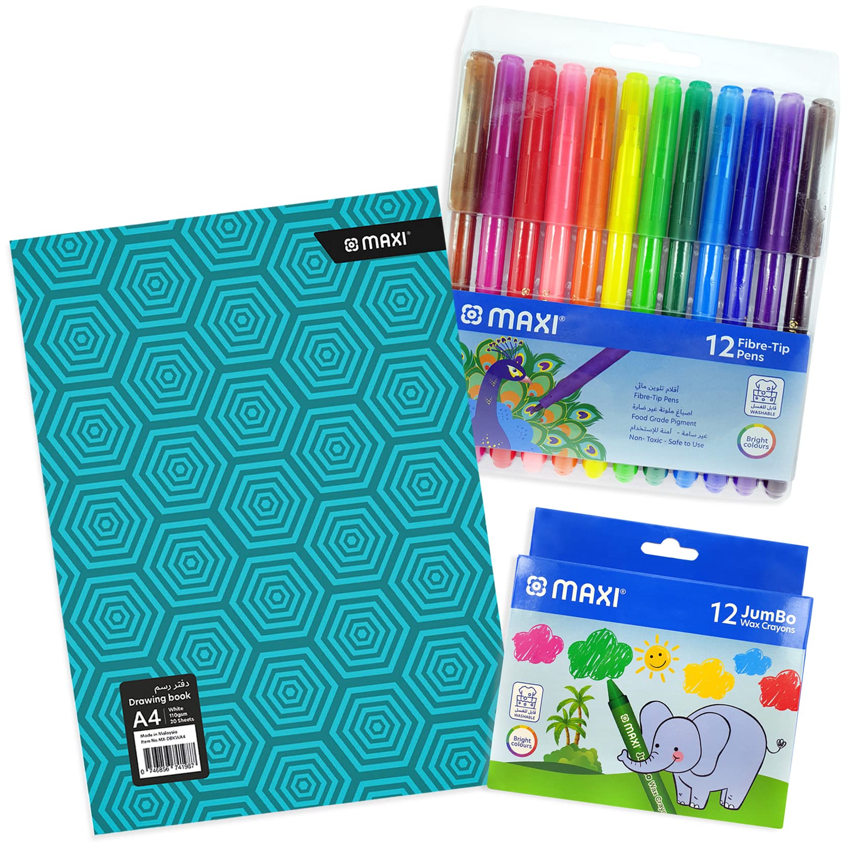 Maxi A4 Drawing Book, Assorted Colours 110Gsm 20Sheets + Felt Pen 12Colors + Jumbo Wax Crayons 12Colours