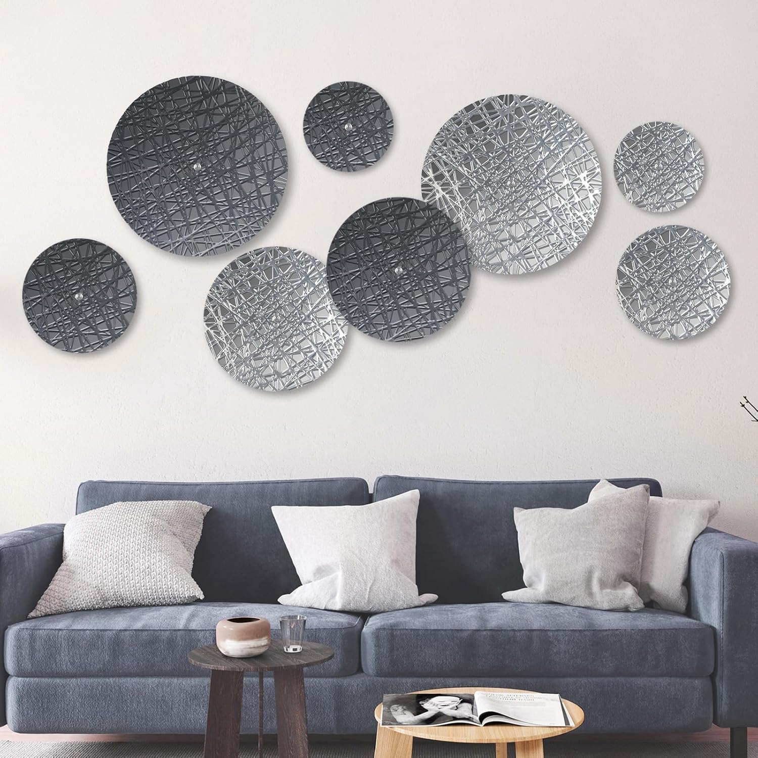 DETENE Set of 8 Metal Wall Hanging Sculptures Large Modern Round Wall art Silver and Grey Wall Decor for Living Room Bedroom Dining Room Wall Decor