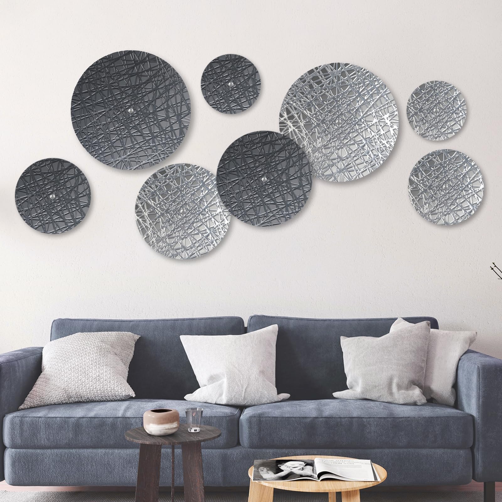 DETENE pared redonda metal Decoración,pared boho Metal redondo | 8 piezas con 4 tamaños, plateado y azul, esculturas colgantes modernas para salón, oficina, apartamento, baño