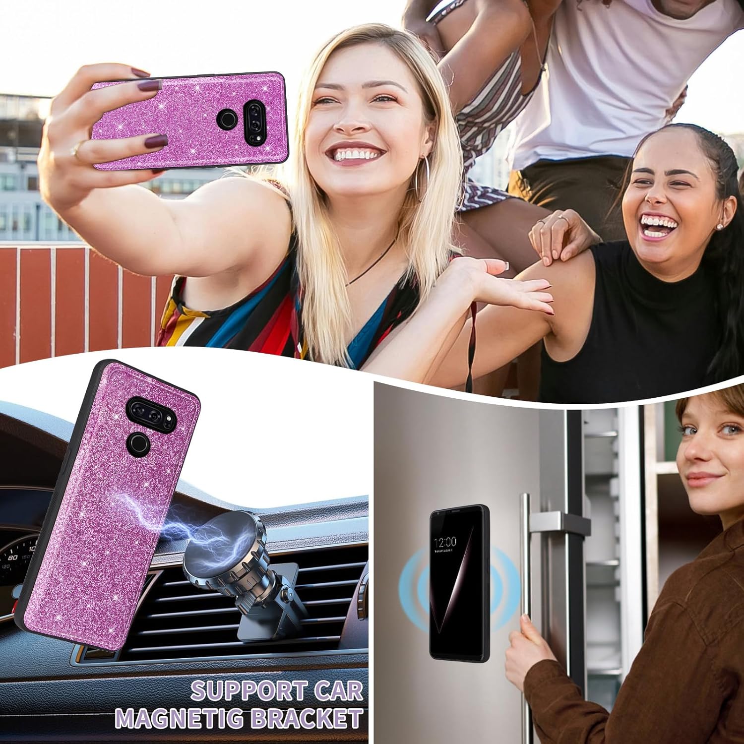 Asuwish Phone Case for LG V35 ThinQ V30 Plus Zipper Wallet Detachable Cell Cover with Screen Protector Strap Bling Glitter Flip Card Holder LGV30 LGV35 LG30 LG35 V 30 35 V30+ V30s H931 Women Purple