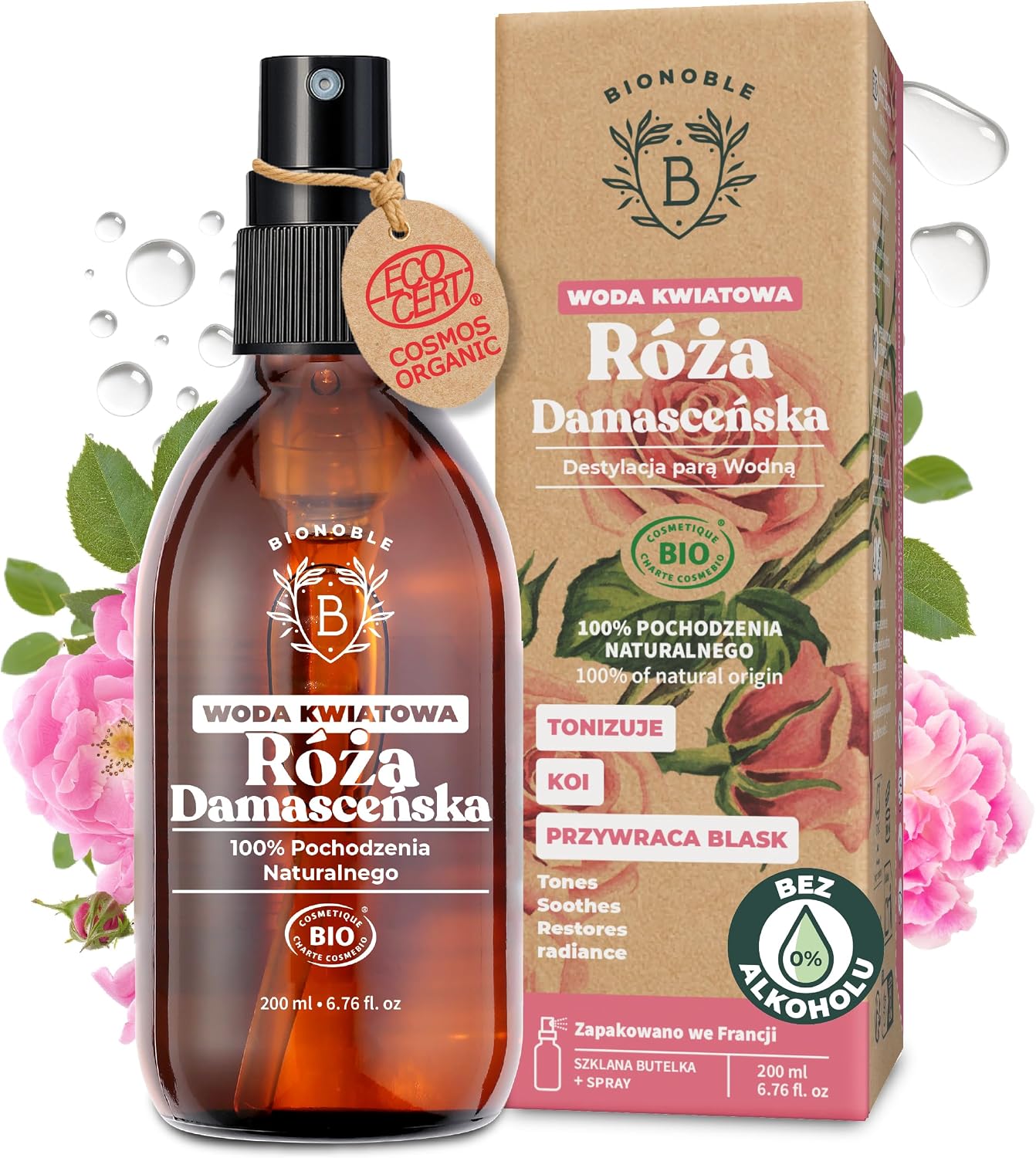 BIONOBLE Woda Różana Bio - Twarz, Włosy, Kontur Oczu - 100% Czysta - 200ml | 100% Naturalnego Pochodzenia, Bez Alkoholu, Wegański - Tonizuje, Koi, Przywraca Blask - Rose Water Spray - Szklana Butelka