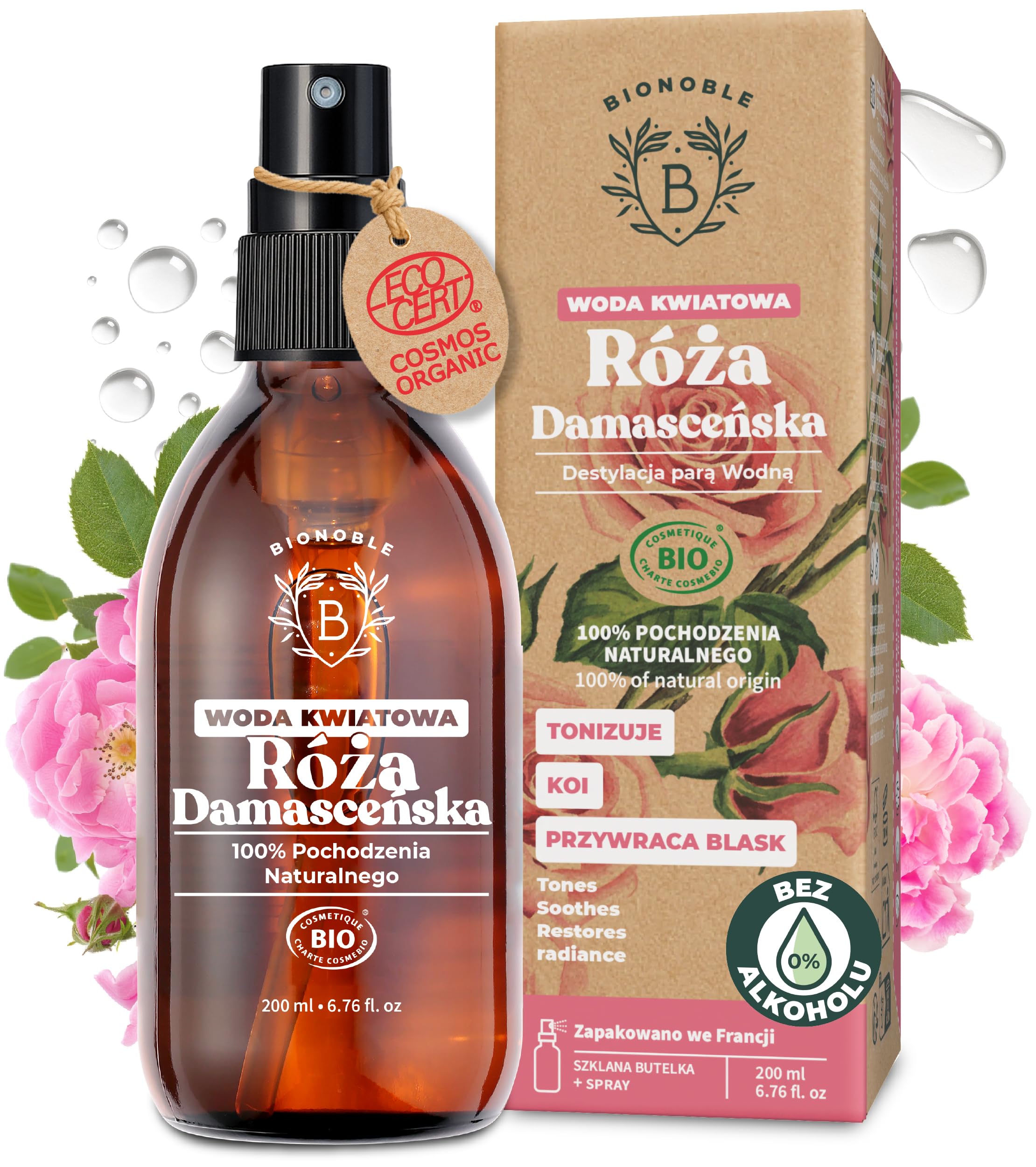 BIONOBLE Woda Różana Bio - Tonizuje, Koi i Przywraca Blask - Hydrolat 100% Naturalnego Pochodzenia, Bez Alkoholu - Rose Water do Twarzy, Włosów i Okolic Oczu - Szklaną Butelką z Spray - 200ml