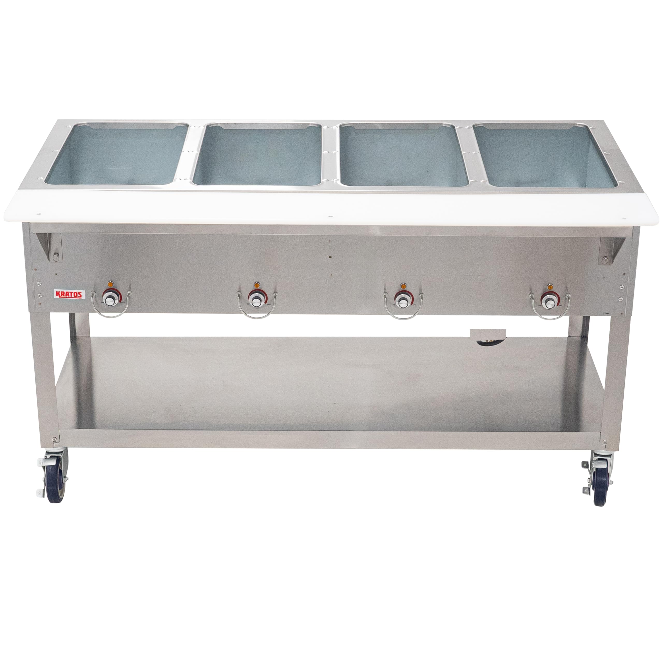 Kratos Commercial Mobile Electric Steam Table/Hot Food Table, 4 Wells, Stainless Steel, NSF 240V (28W-199)