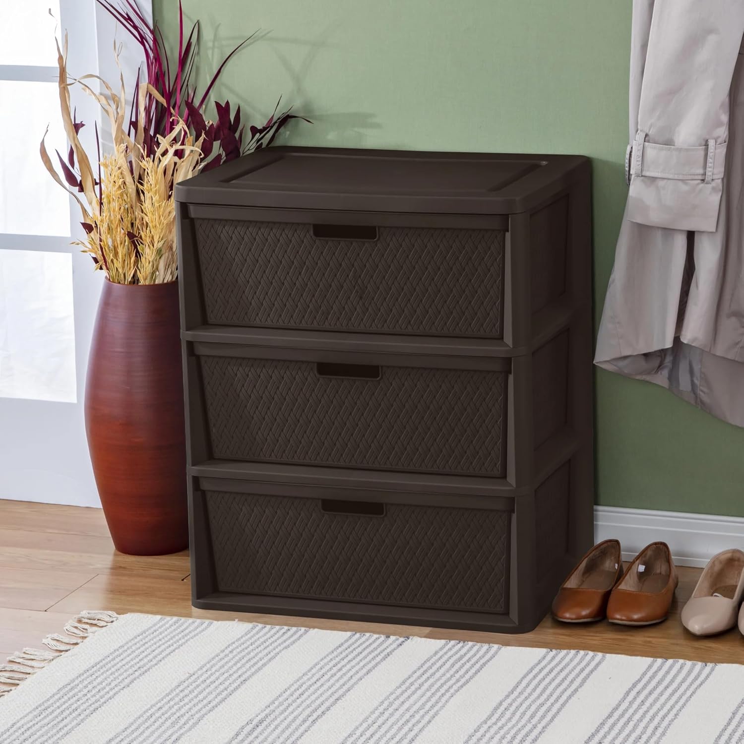 Wide 3 Drawer Tower, Easy to Assemble with Removable Decorative Cross-Weave Plastic Drawers, Tool-Free, Brown