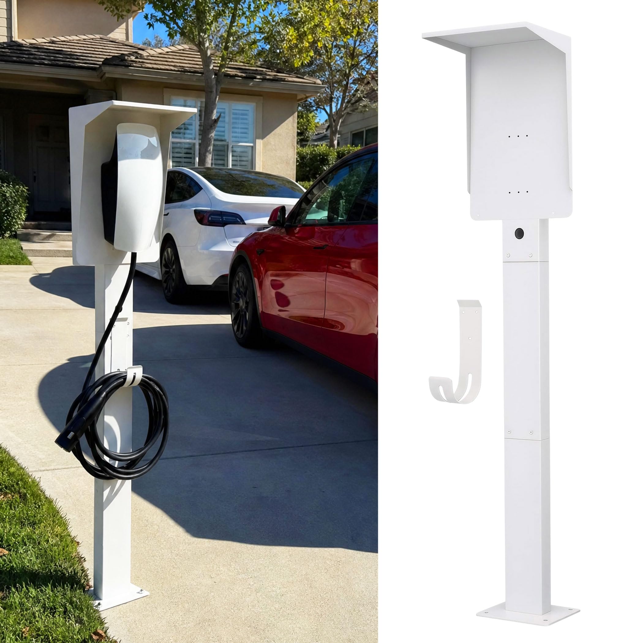 Tesla Charger Pedestal Stand with Roof, Universal EV Charger Pedestal Stand, Heavy-Duty Outdoor Charging Station Stand with Cable Hook &amp; Internal Cable Management, Matte White