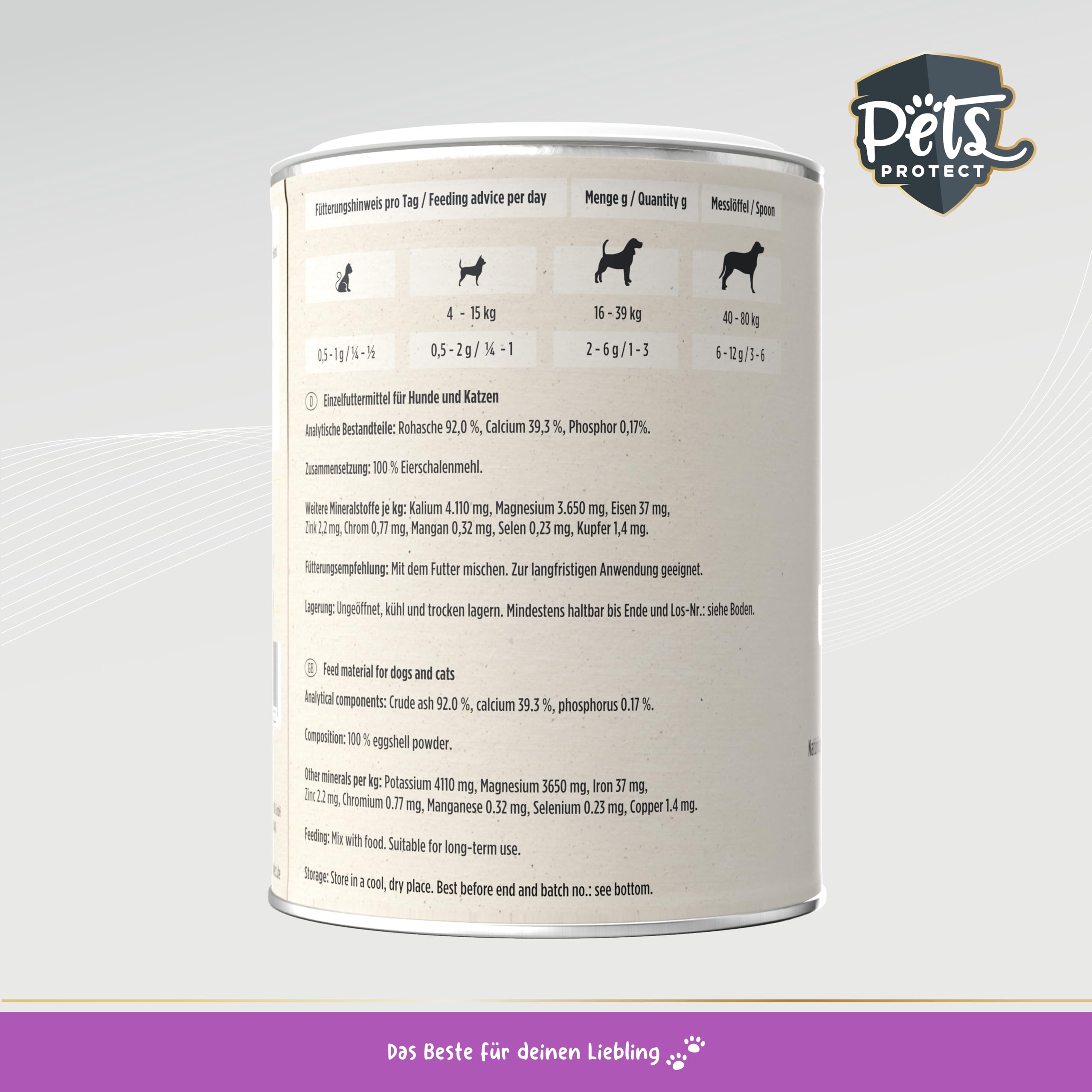 Pets PROTECT Polvere di Guscio d'uovo Biologico, 200 g, fonte Naturale di Calcio per Cani e Gatti, Farina di Guscio d'uovo Biologico, Ricca di minerali e Sostanze nutritive ad Alta biodisponibilità