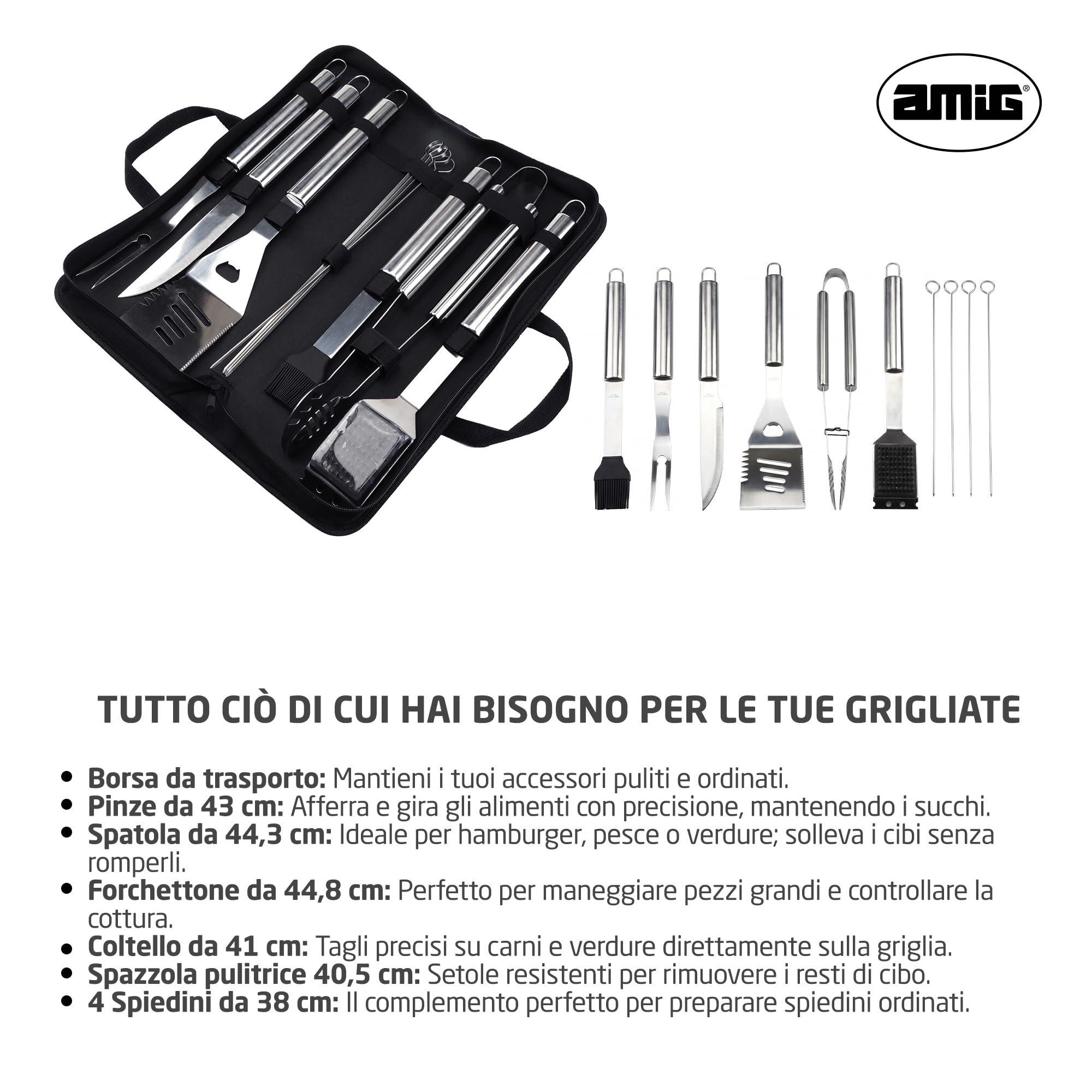 Amig - Kit 10 Accessori per Barbecue - Acciaio Inossidabile - Set Completo di Utensili - Accessori Pratici e Presentazione Curata per Regalo - Mod. AM03