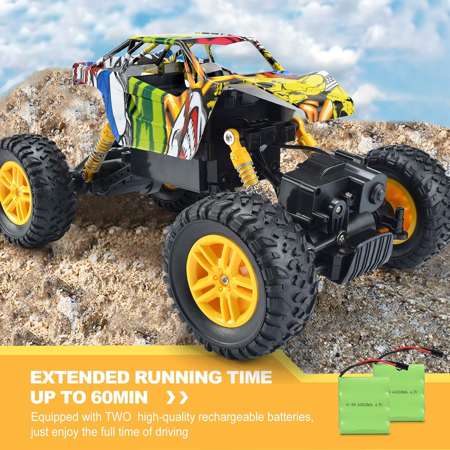 DOUBLE E RC Car 4WD Remote Control Car 2 Batteries Unique Colorful Shell Off Road Monster Truck 2 Powerful Motors Climbing RC Crawler Toy Cars for Boys Girls Kids