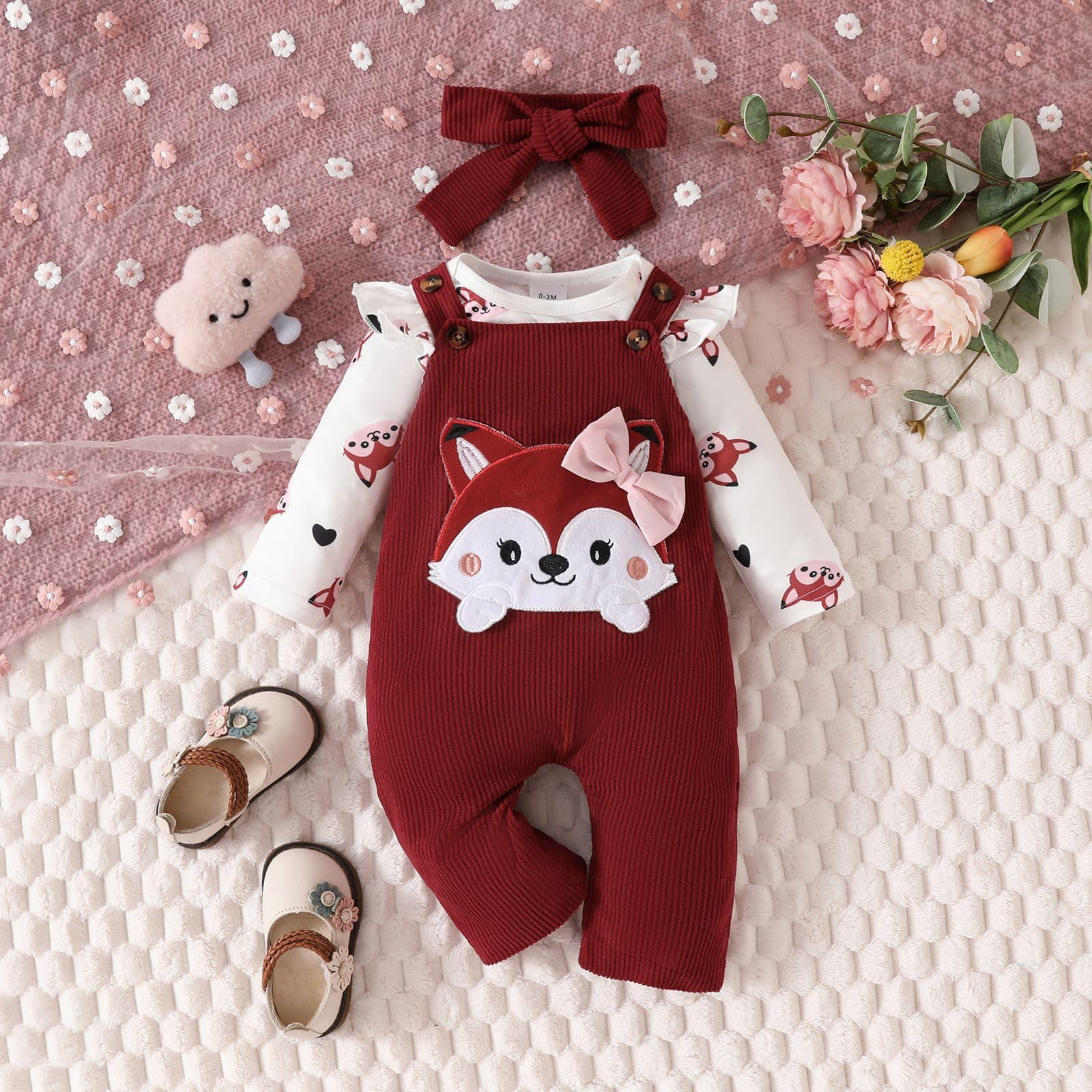 Ensemble de Vêtements pour Bébé Fille Avec Haut Floral et Salopette Ours Réglable