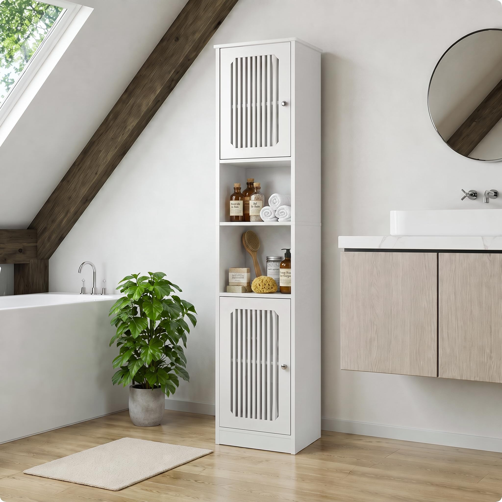 Armadietto da bagno alto 163 cm, modello autoportante con ripiani regolabili e anta lamellare, armadietto stretto con più scomparti, bianco
