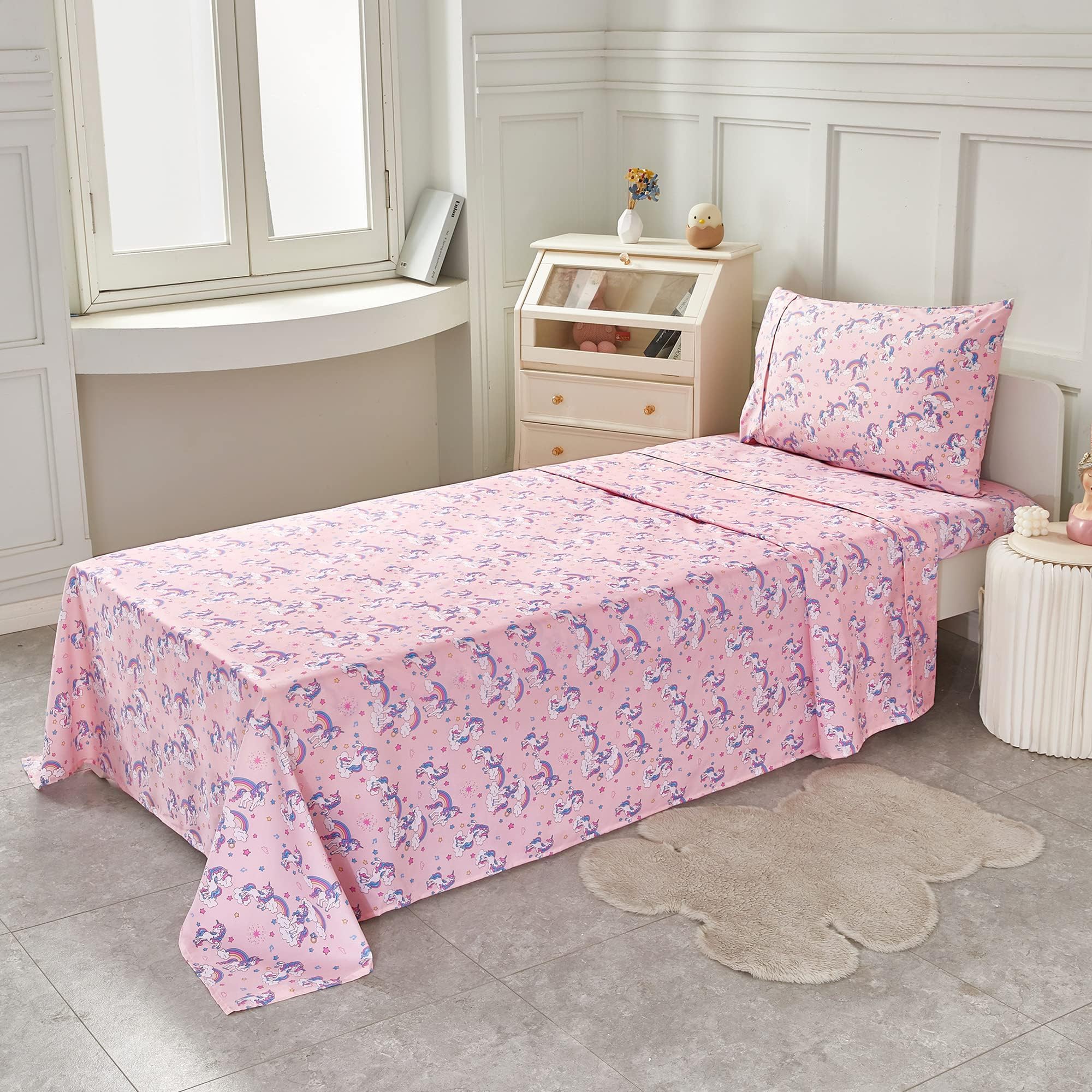 Kids Sheet Set Twin Size 3 Pcs, Girls Sheet Set With Pink