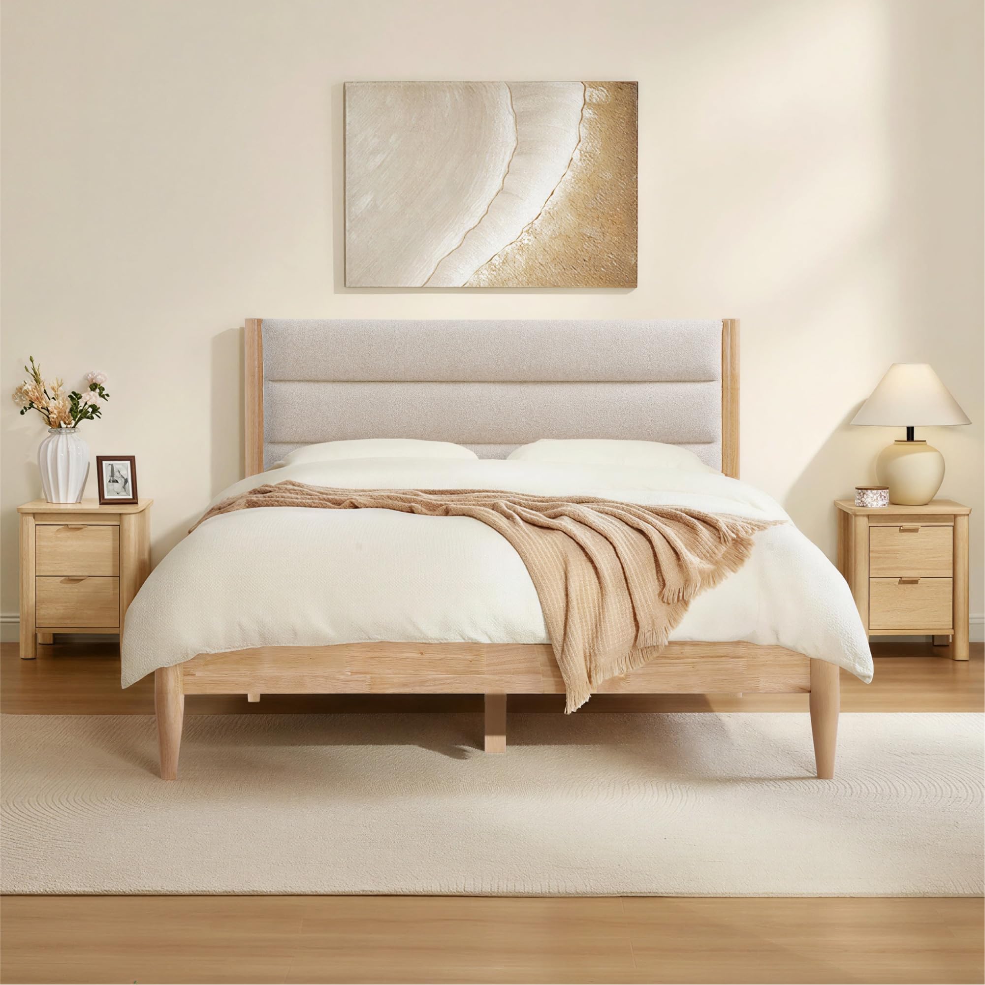 - 3 Pieces Bedroom Set, Wood Bed Frame with Upholstered Headboard & 2 Nightstands with Storage, Wooden Platform Mattress Foundation Farmhouse Bedroom Furniture Set