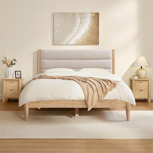 KISLOT 3 Pieces Bedroom Set, Wood Bed Frame with Upholstered Headboard & 2 Nightstands with Storage, Wooden Platform Mattress Foundation Farmhouse Bedroom Furniture Set
