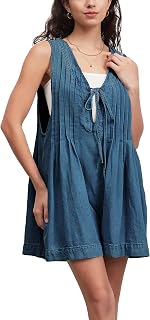 D-Sun Women Summer Sleeveless Denim Romper Casual V Neck Tie Front Ruffled Denim Short Overall Jumpsuit with Pocket