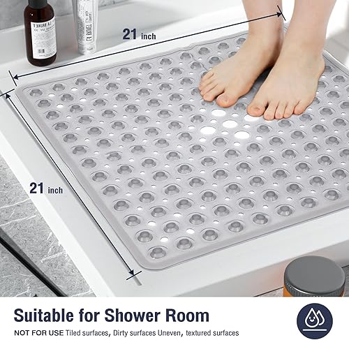 Miniatura 5 de Tapete cuadrado antideslizante para ducha interior, color gris transparente, 21 x 21 pulgadas, tapete para suelo de baño, tapete de baño suave para