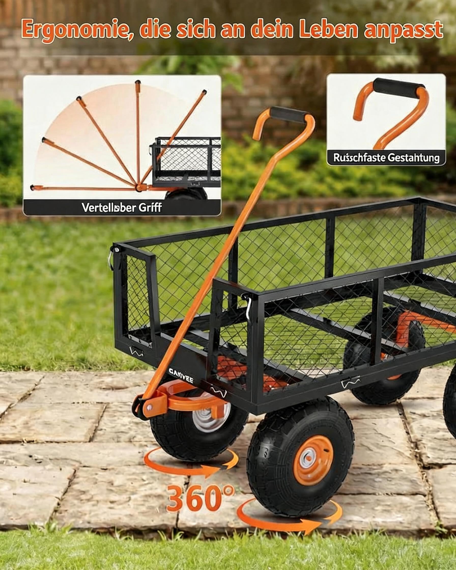 GarveeTech Gartenwagen 400kg, Stahl Transportwagen mit Gitterwänden