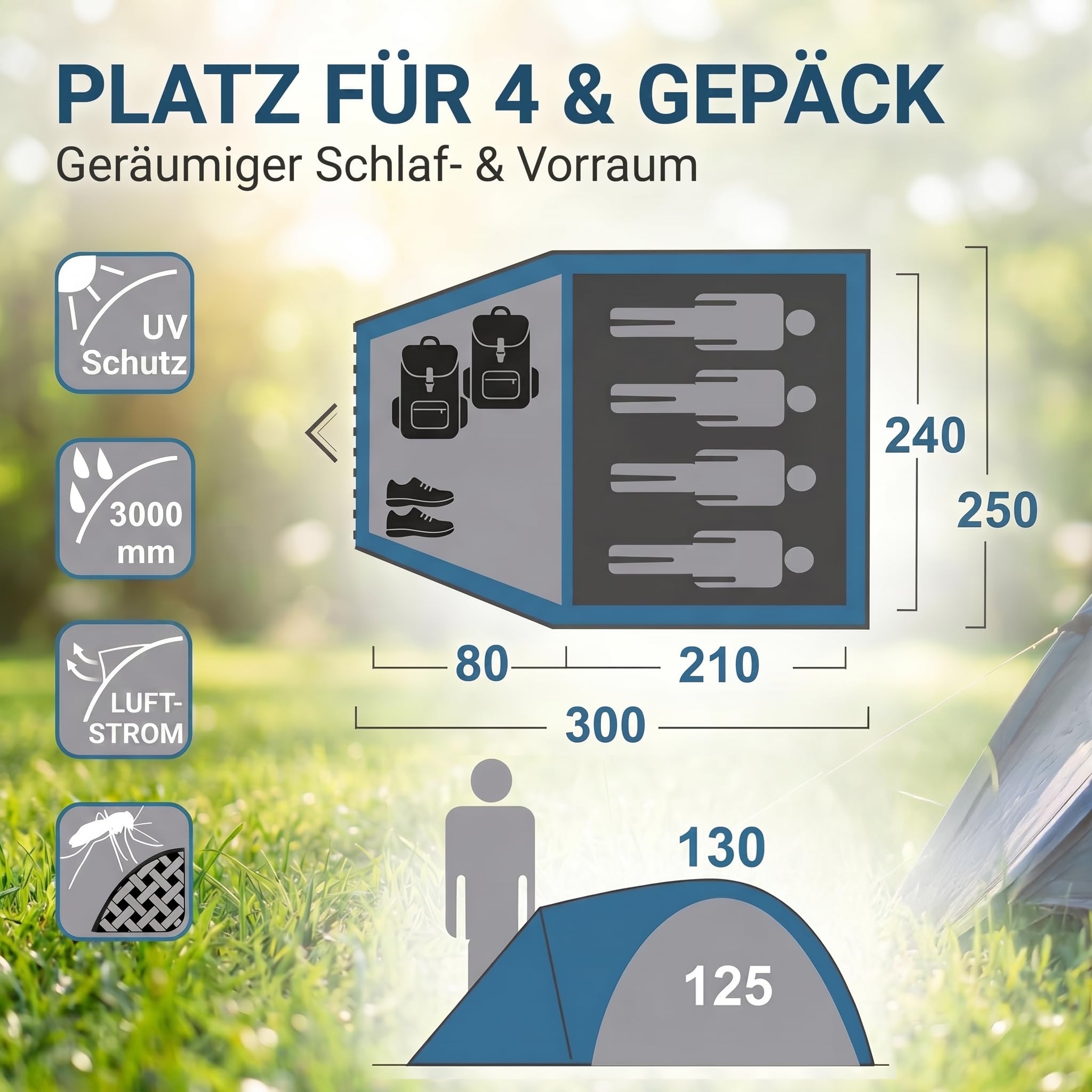 your GEAR Monza Zelt 4 Personen – Schnellaufbau Campingzelt – Festivalzelt wasserdicht & UV50+ – Igluzelt mit dunkler Schlafkabine, Moskitonetz & Fenster – leichtes Kuppelzelt für Camping & Festival