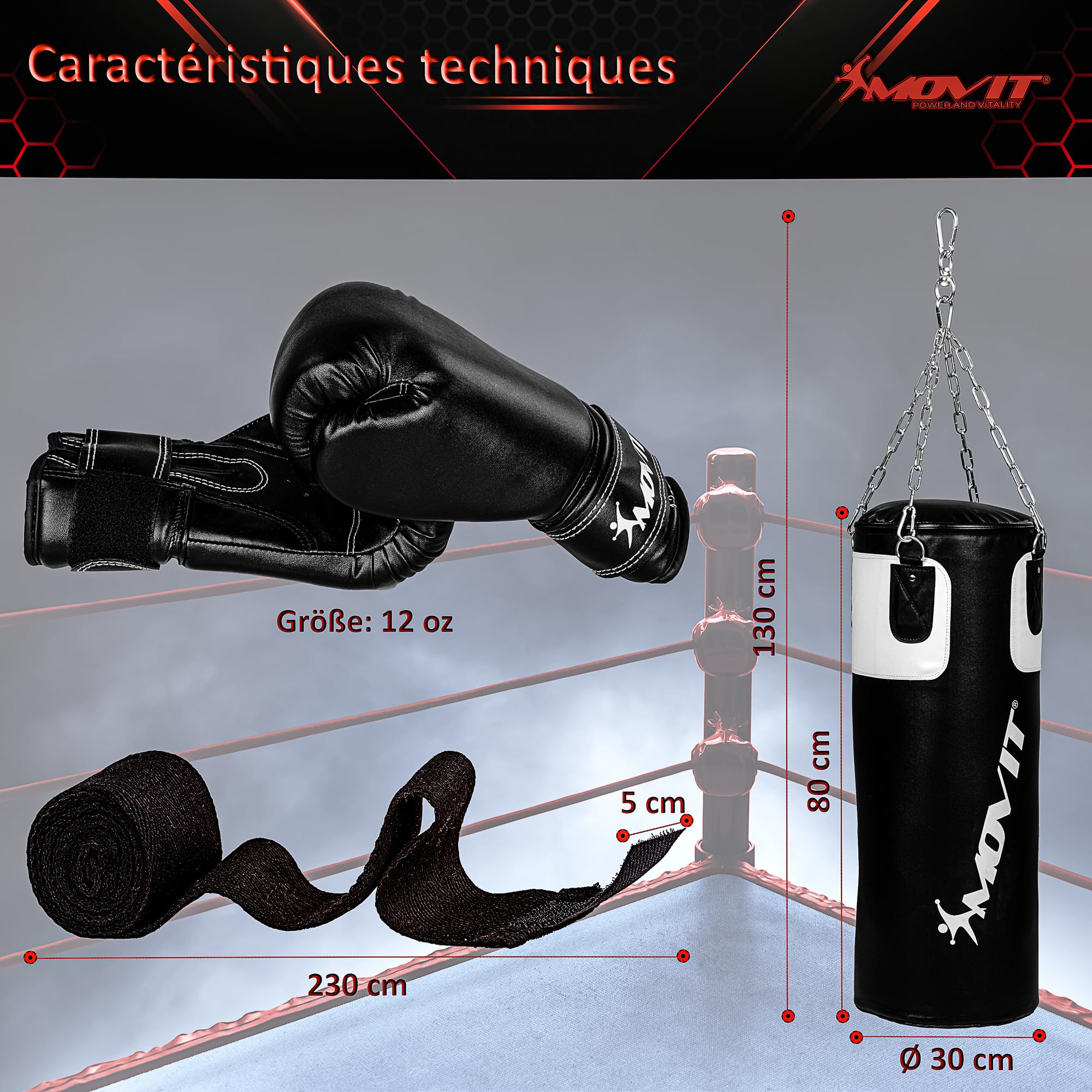 MOVIT Set de Sac de Boxe 25 kg, rempli, y Compris Sac de Boxe (Hauteur 80cm x diamètre 30cm), Gants de Boxe 12 oz, Bandages de Boxe, pour Adultes, Boxing Boxing, Noir ou Blanc