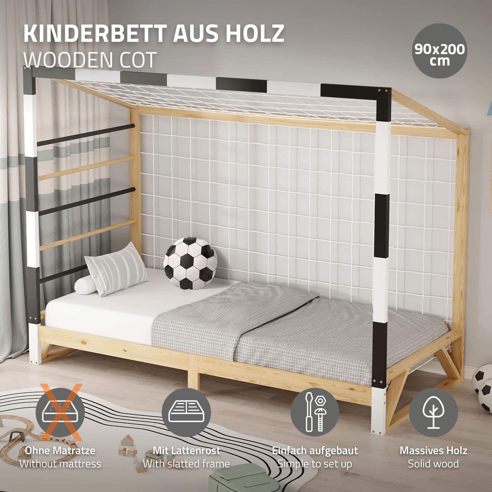 ML-Design Letto Bambini 90x200 cm in Pino Naturale, Struttura a Forma di Porta da Calcio Pallamano Bianco Nero, Rete a Doghe e Scala, Letto Singolo Sportivo, Lettino Basso per Cameretta