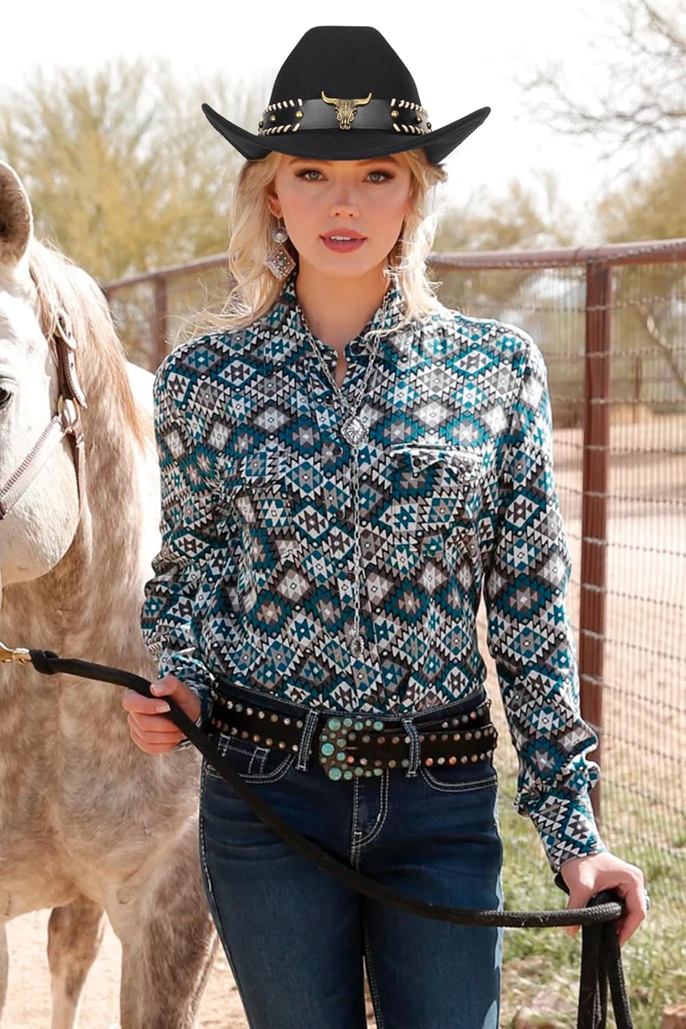 Wide Brim Men and Women's Western Cowboy Hat Fedora-Jazz-Hat with Bull Head Band Decoration - Image 7