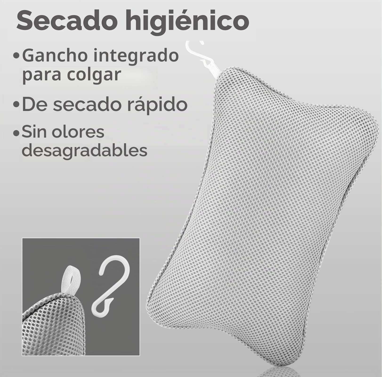 Collazoey Almohada Bañera,Malla 4D Almohada de Baño,con 2 ventosas fuertes, para una sujeción firme,Almohada ergonómica para bañera de hidromasaje,Almohada para una relajación óptima del Cuello (Gris)