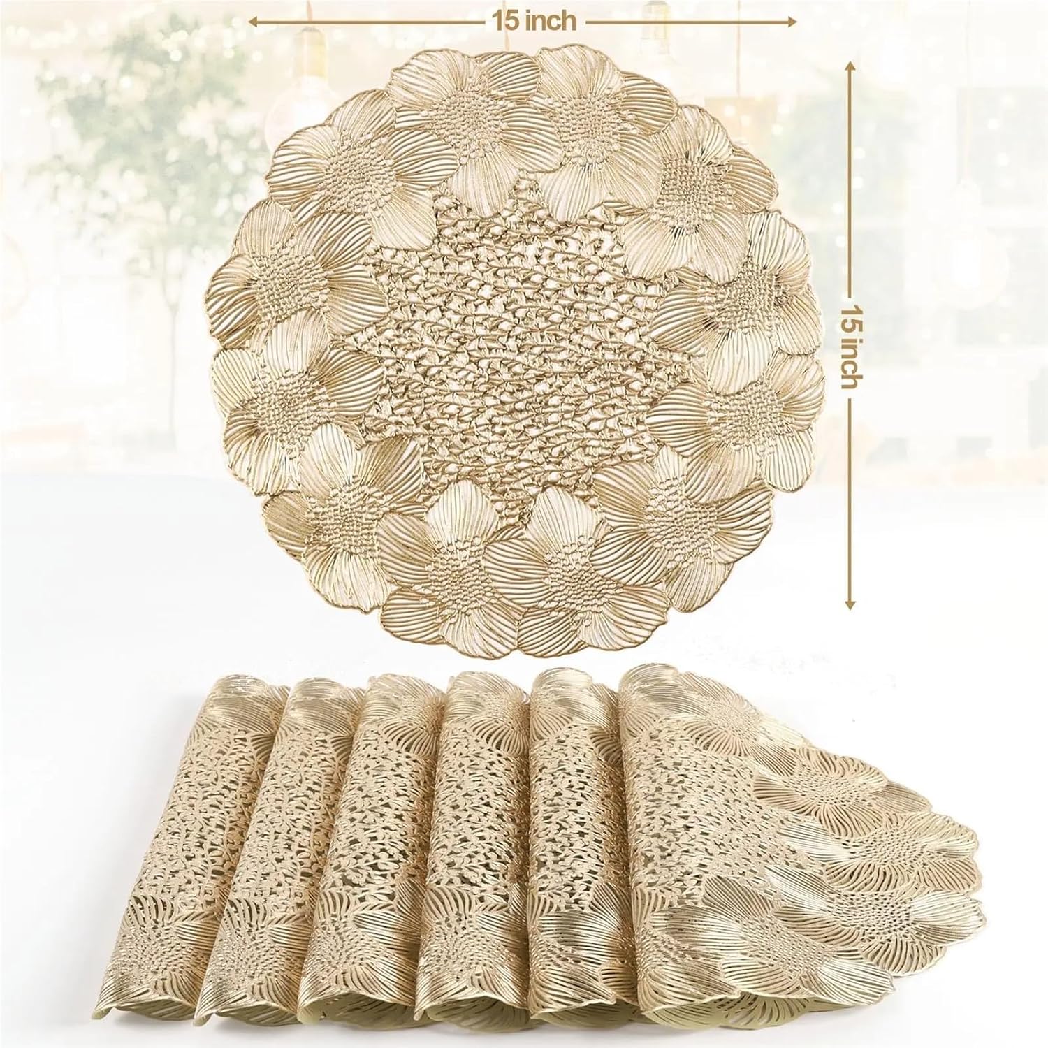Round Placemats for Dining Table Set of 6 Pressed Metallic Place Mats Table Mats for Wedding Anniversary Party Decoration(Silver)