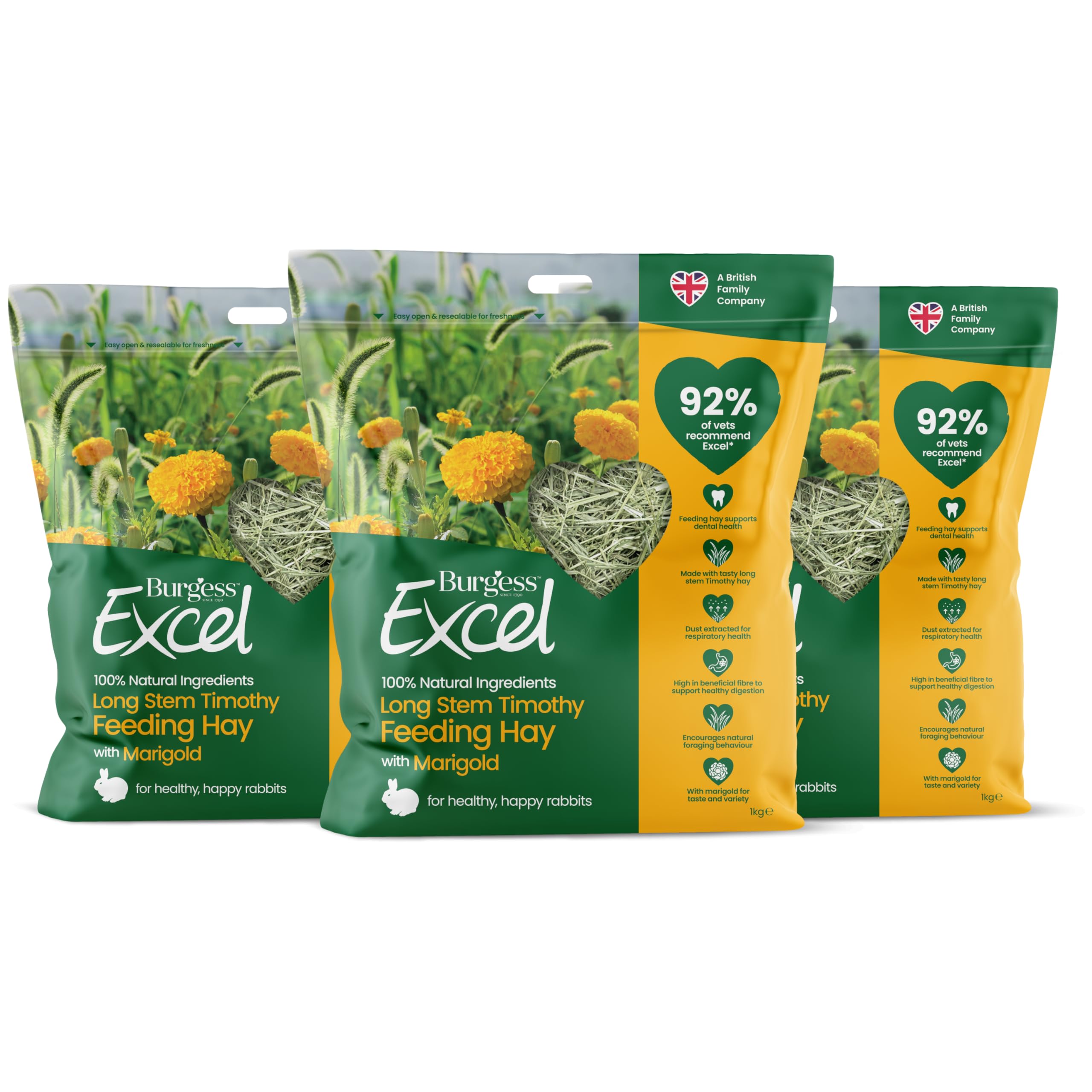 Burgess Excel Long Stem Timothy Feeding Hay with Marigold, 3kg – Marigold Feeding Hay for Rabbits – Dust Extracted (Pack of 3)
