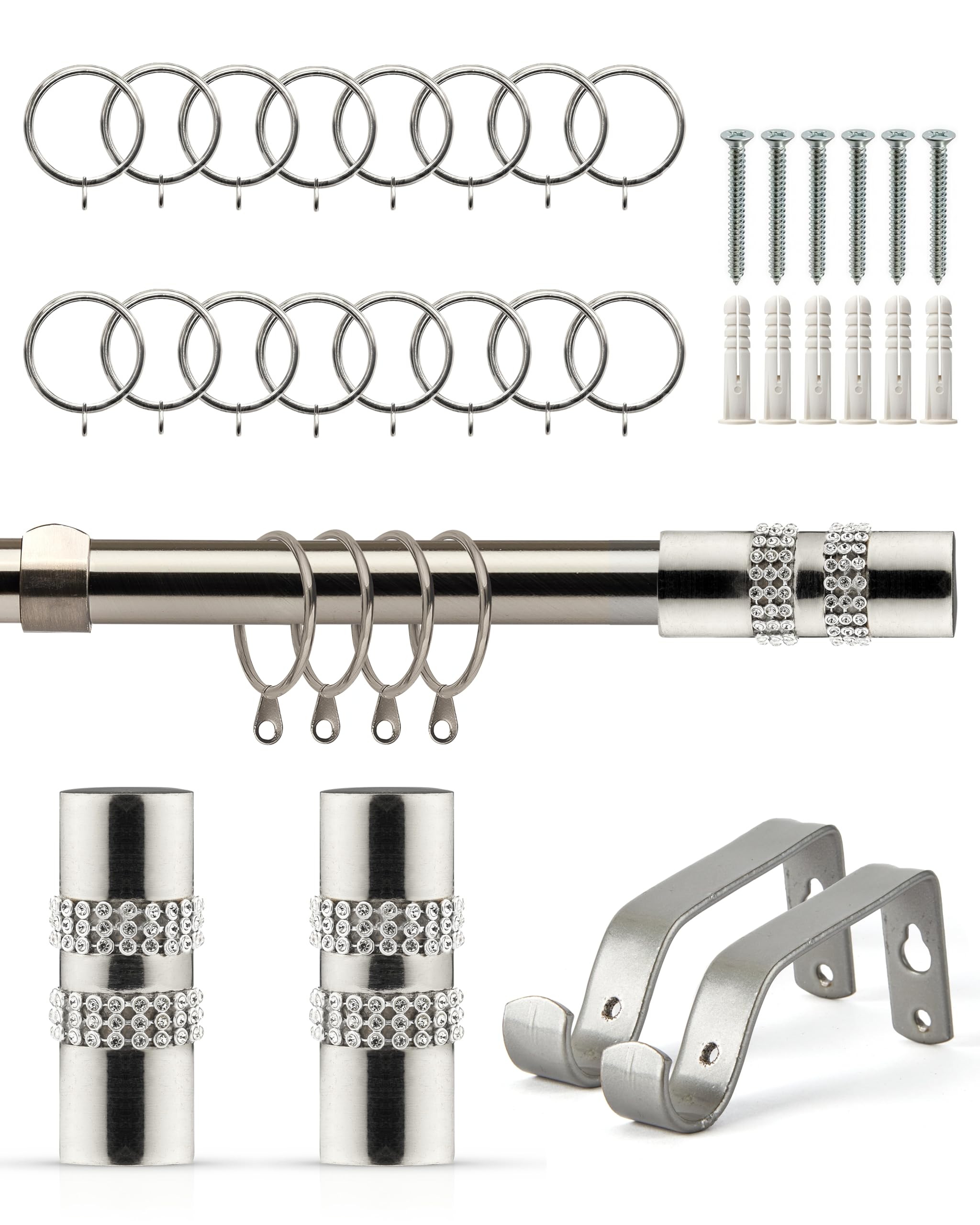 Julian Charles Silver Brushed Diamante Extendable Curtain Pole With Rings - 1.2 - 2.1M