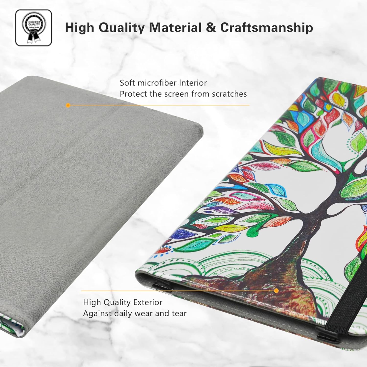Close-up of the tablet case showing the soft microfiber interior and the high-quality exterior material.
