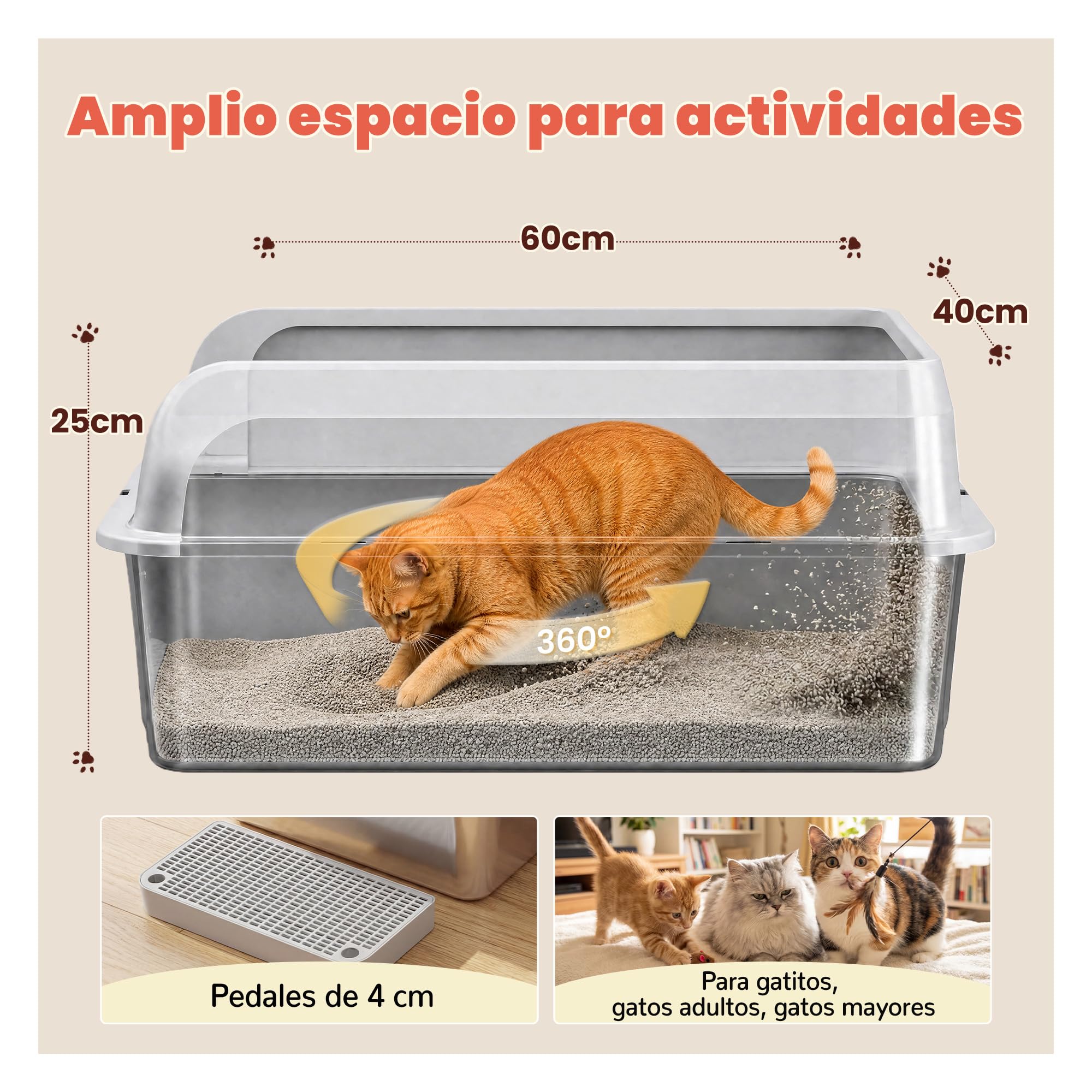 Arenero Gato Acero Inoxidable, XXL Arenero Gato Grande con Bordes Altos & Entrada Baja, Caja Arena para Gatos sin Tapa, Antiderrames Antifugas con Cierre a Presión, con Rejilla,Tapete
