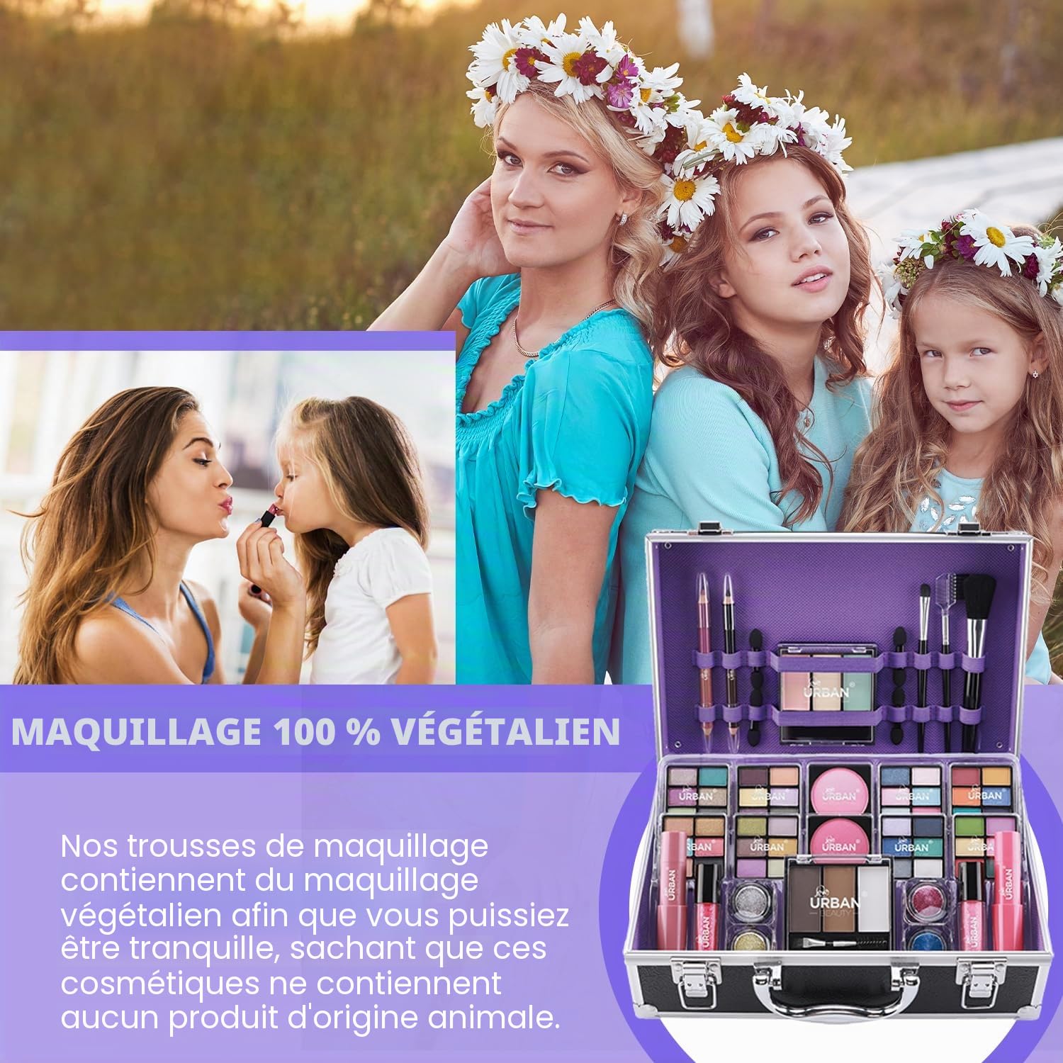 Bliss Trousse de produits de Maquillage Végan - Valise de Maquillage Complète avec Fard à Paupières et à Joues, Rouge à Lèvres, Cire et Poudre à Sourcils, pinceau – Organiseur avec Cadre en Aluminium