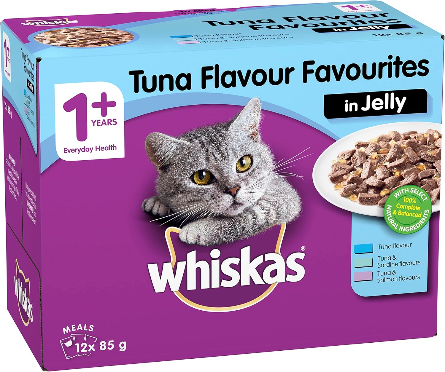 WHISKAS 1+ Years Wet Cat Food Tuna Flavour Favourites in Jelly 12 x 85g, 5 Pack (60 Pouches