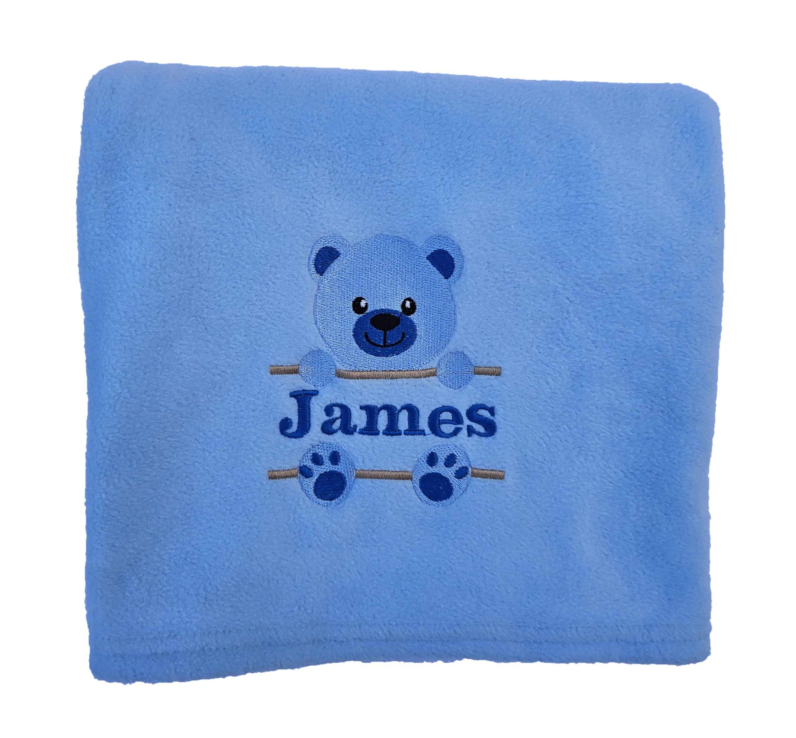 Personalised fleece baby blanket embroidered with name and teddy girl boy neutral gift (Blue)