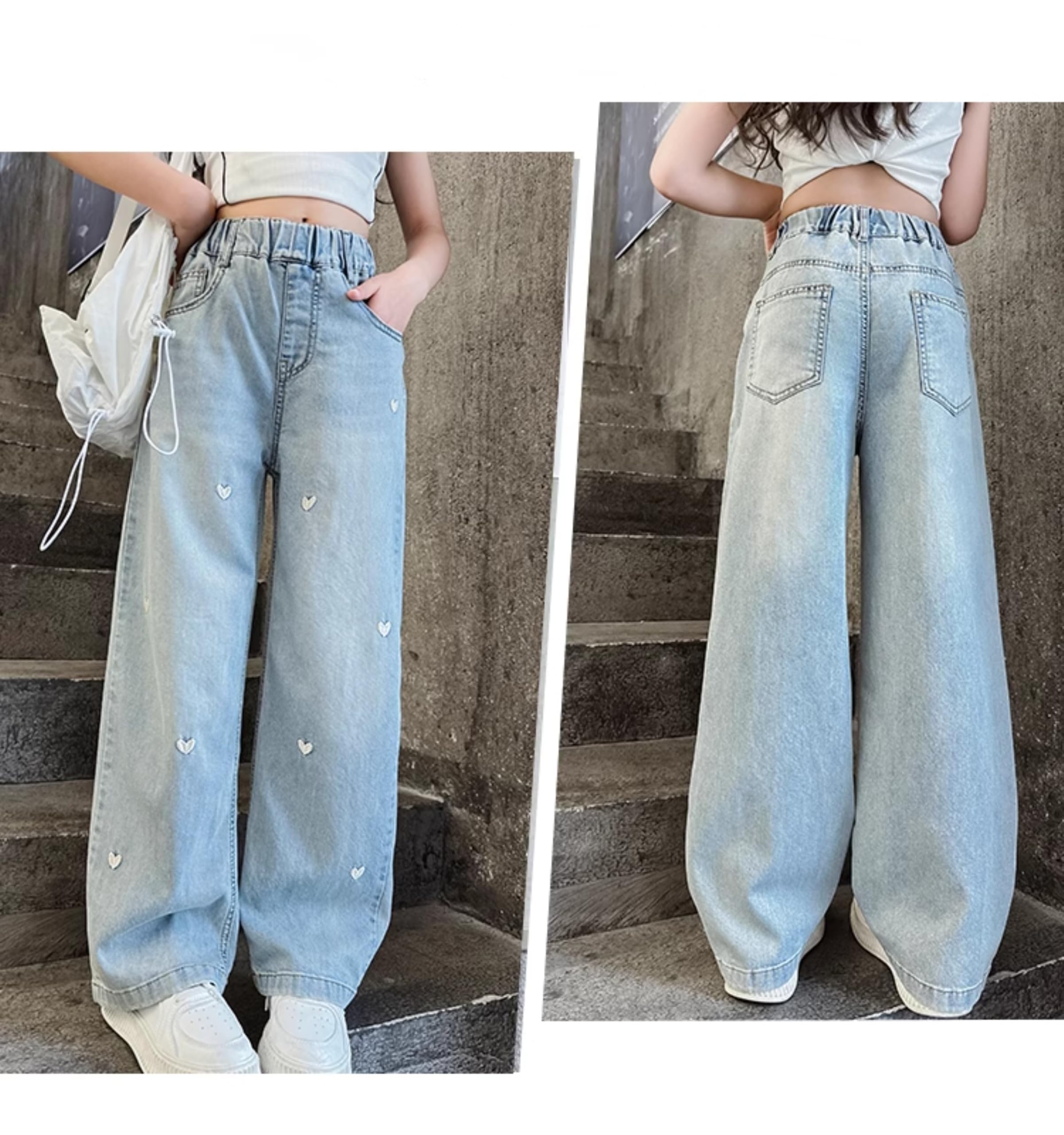 Rolanko Mädchen Jean Hosen Loch Denim Blau Jeans, Vintage Hose mit weitem Bein für Kinder Fit