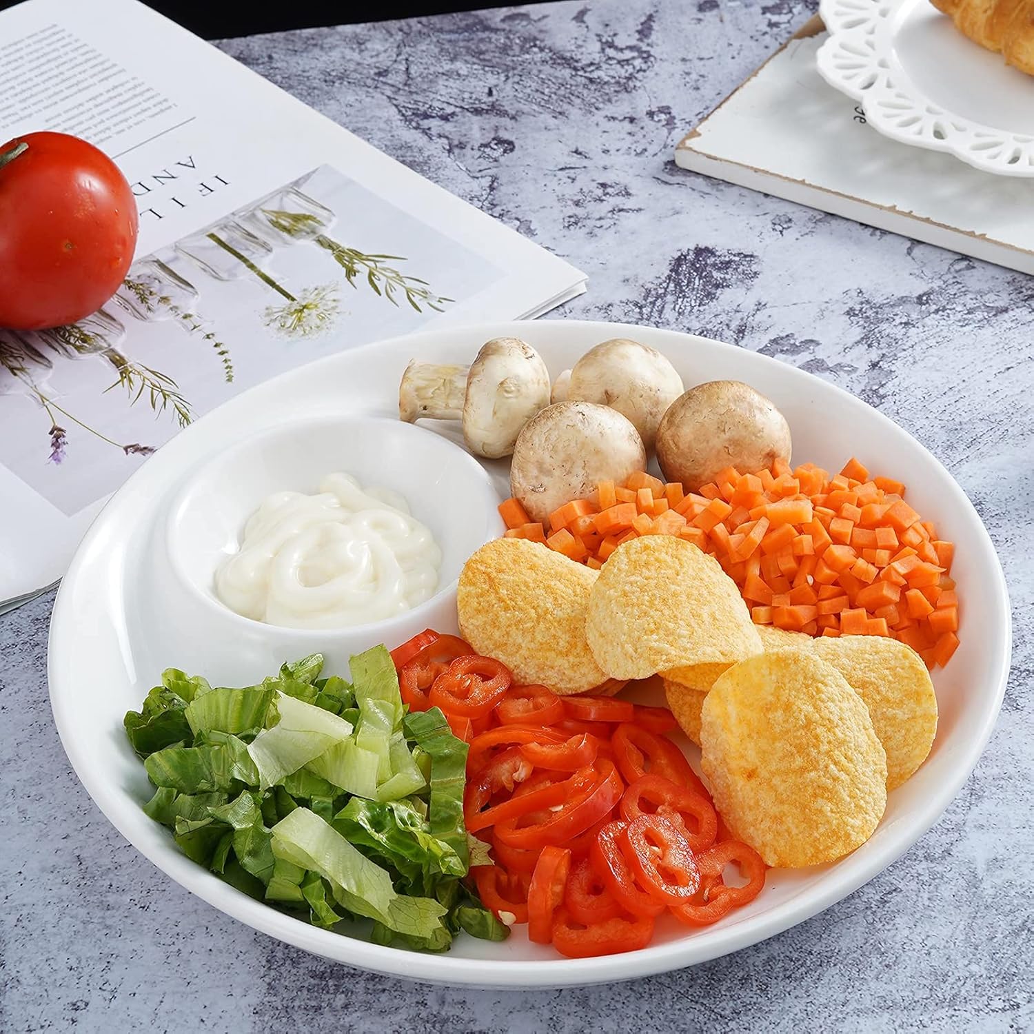  | Porcelain Chip & Dip Serving Set, 10'' Chip and Dip Platter Divided Serving Dish Trays for Superbowl Partie - Set of 1: Platters