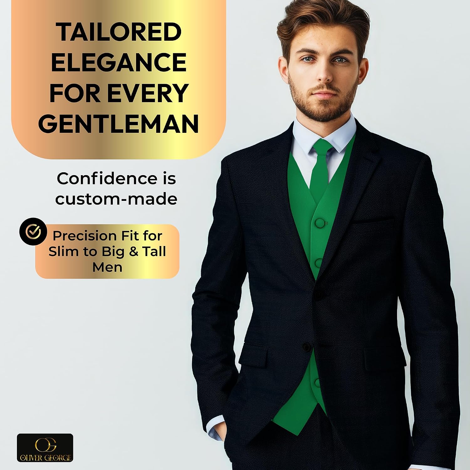 Oliver George 4pc Men's Solid Formal Suit Waistcoat Tuxedo Dress Vest Necktie Bowtie Handkerchief Set for Suit or Tuxedo X-Small Emerald Green
