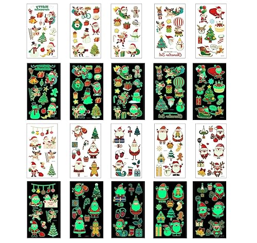 Luminous Temporary Tattoos for Kids 400+PCS Halloween Stickers Cartoon Mixed Styles Stickers Set for Girls and Boys Tattoos for Kids Birthday Party Supplies 30 Sheets (Halloween Series)(Christmas Series)