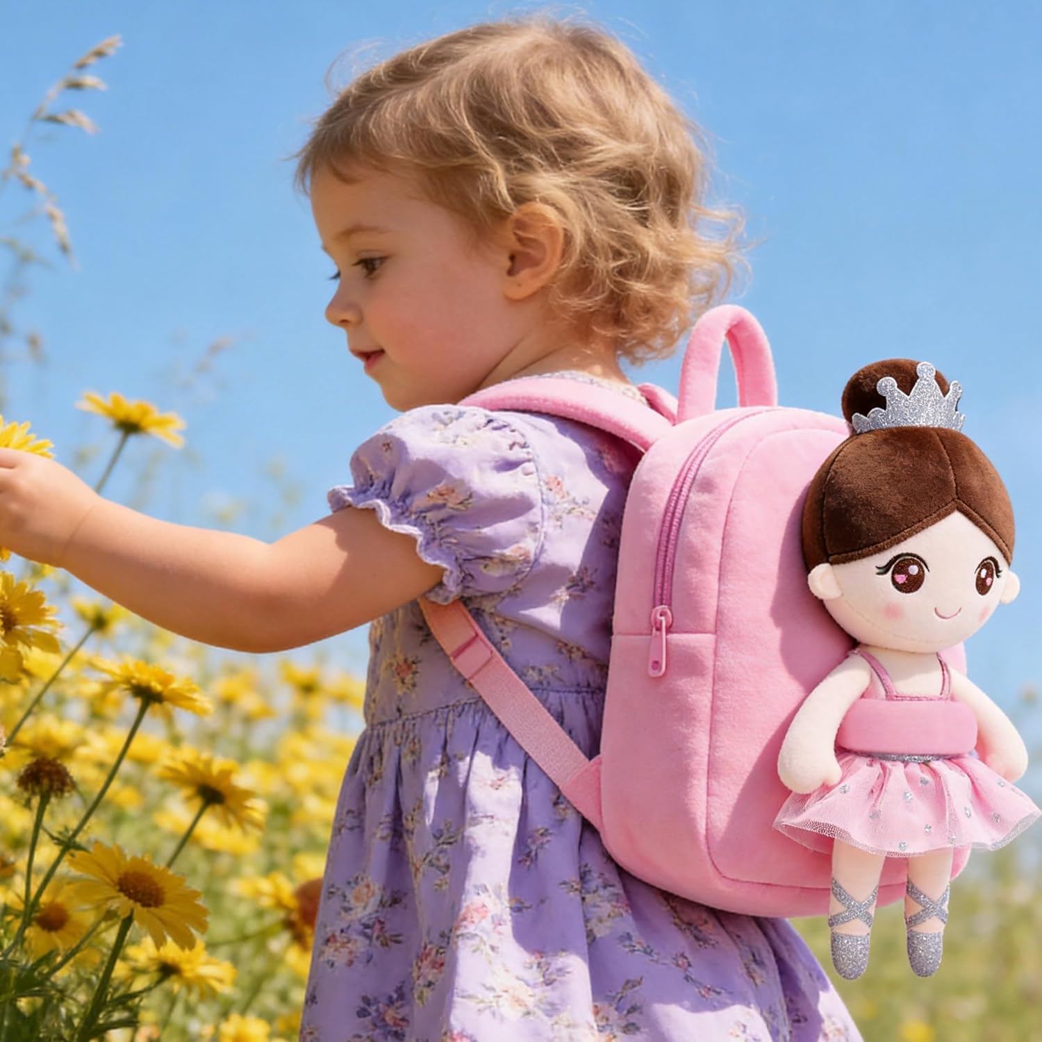 Gloveleya Toddler Backpack Kids Backpack with soft ballerina baby doll Pink
