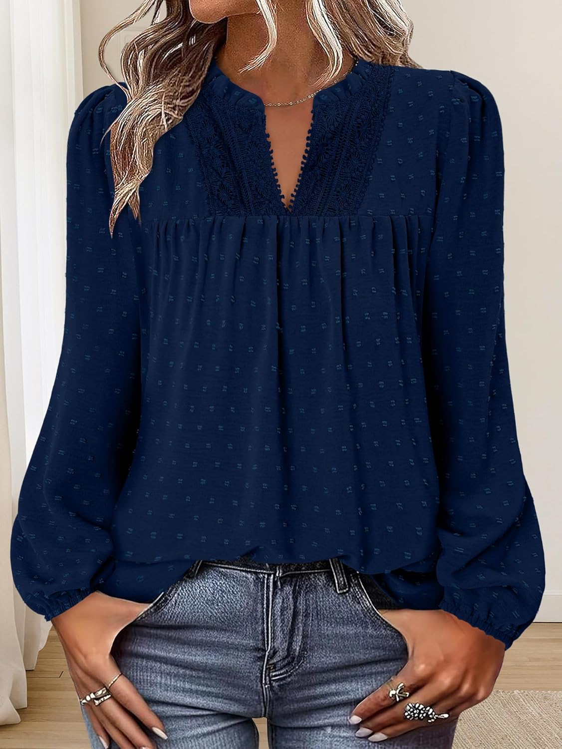 BETTE BOUTIK Women Boho Long Sleeve Shirts Dressy Casual V Neck Fall Fashion Tops Swiss Dot Flowy Blouses - Image 3