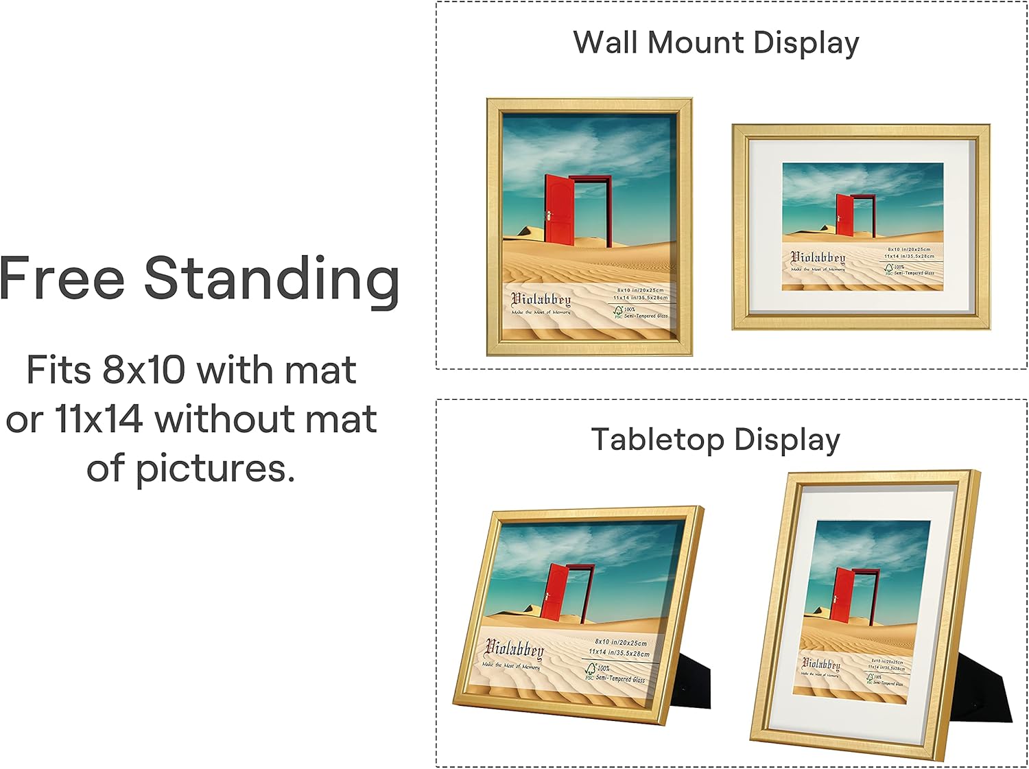 VIOLABBEY 11x14 Picture Frame Gold Set of 4, Photo frame for 8x10 Pictures with Mat or 11x14 without Mat, HD Real Glass, Vertical or Horizontal for Wall and Tabletop Display