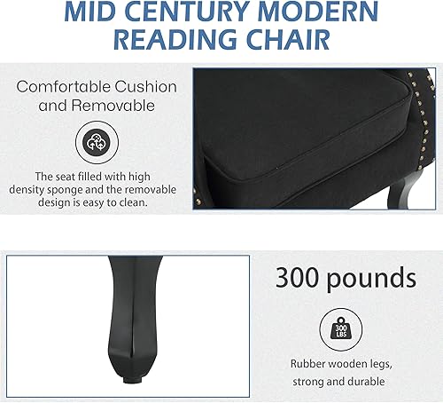 Miniatura 5 de KCC Silla decorativa moderna de mediados de siglo para sala de estar, dormitorio, silla de club tapizada con respaldo copetudo, patas de madera de