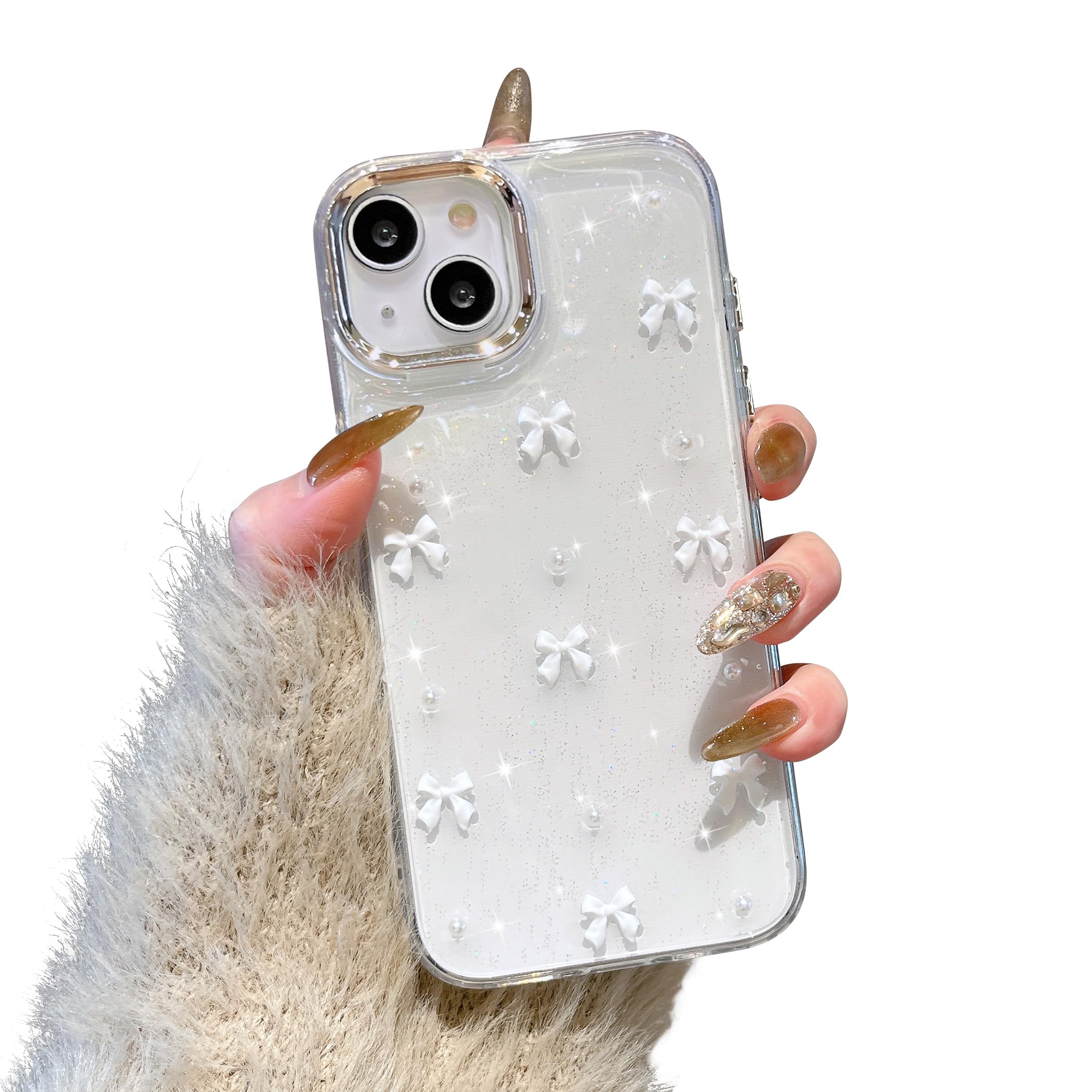 EYZUTAK Case for iPhone 13/iPhone 14, Bling Glitter 3D Bowknot Phone Case Cute Sparkly Crystal Clear Bow Aesthetic Case Slim Soft Durable TPU