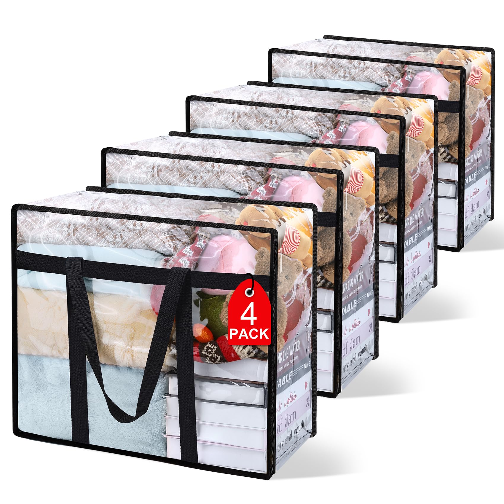 4Pack Clear Blanket Storage Bags, Vinyl Comforter Clothes Storage Closet Organizers and Storage Containers Moving Bags with Reinforced Handle for